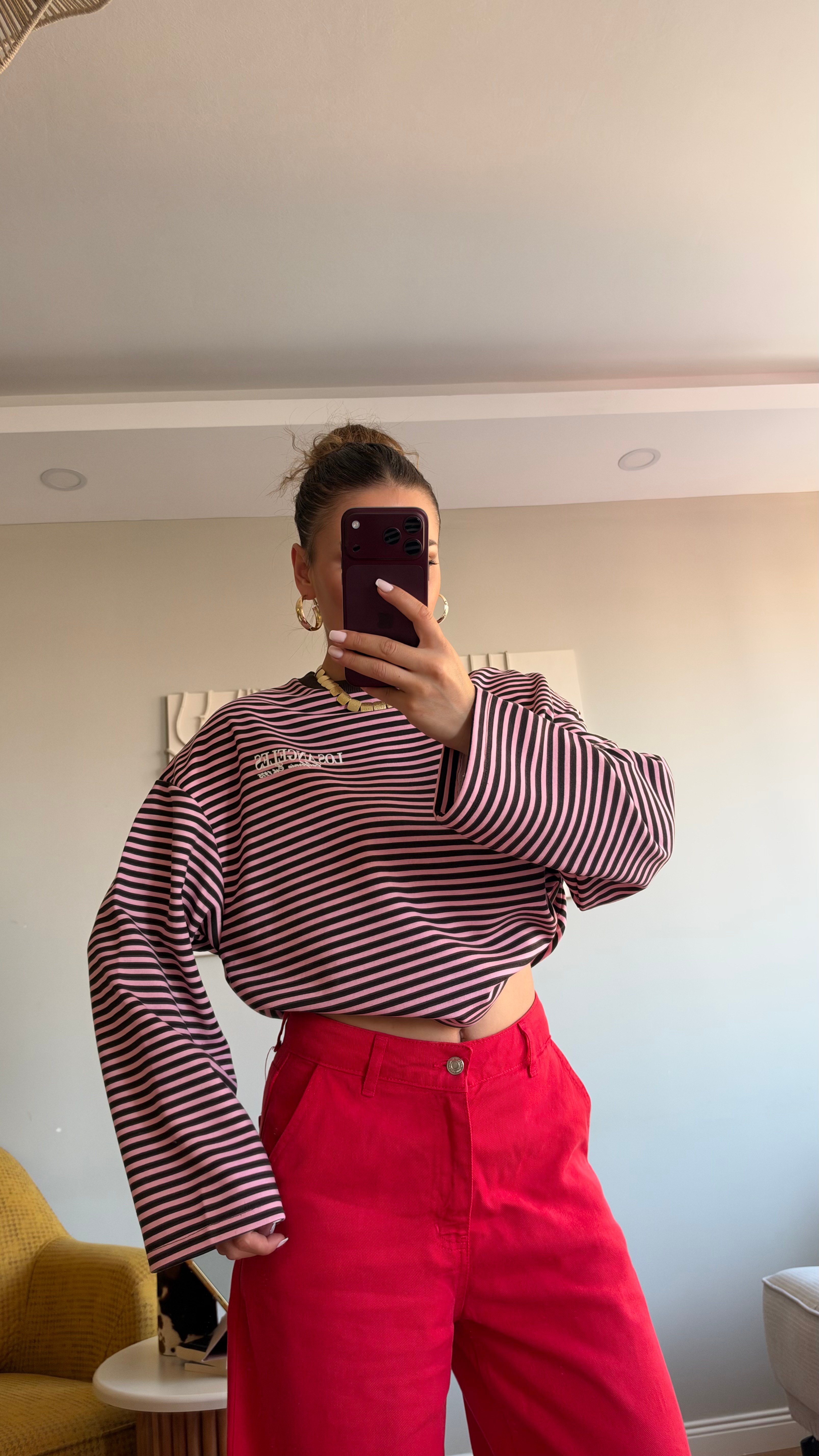Çizgili Basic  Sweat Los 75 Pembe