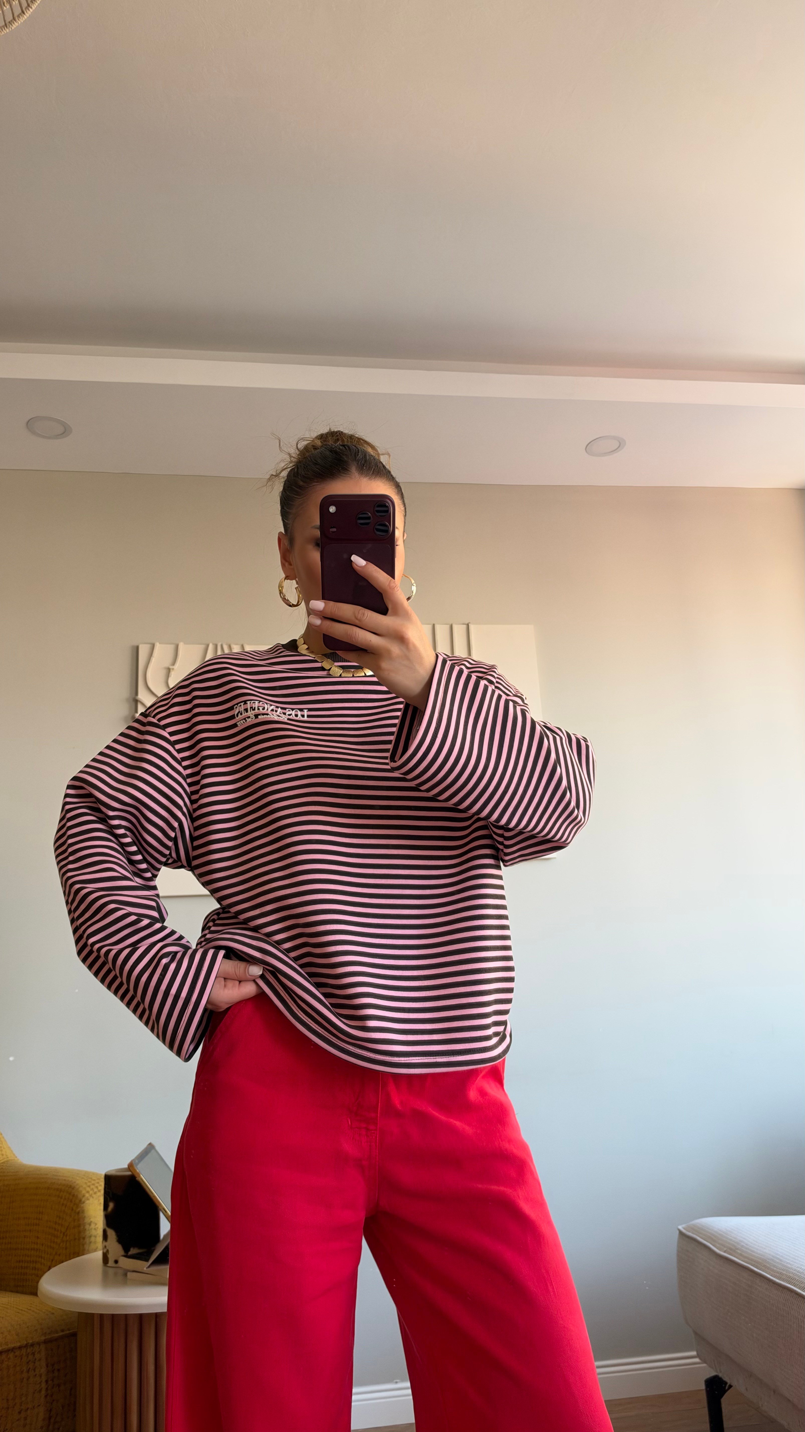 Çizgili Basic  Sweat Los 75 Pembe