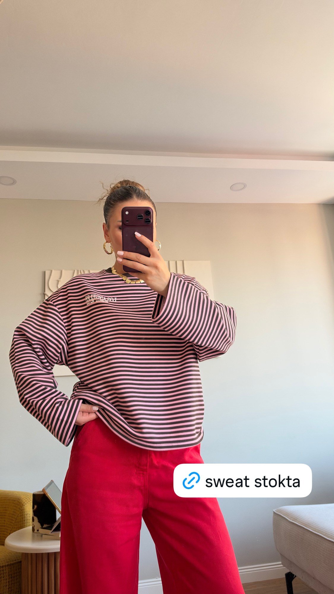 Çizgili Basic  Sweat Los 75 Pembe