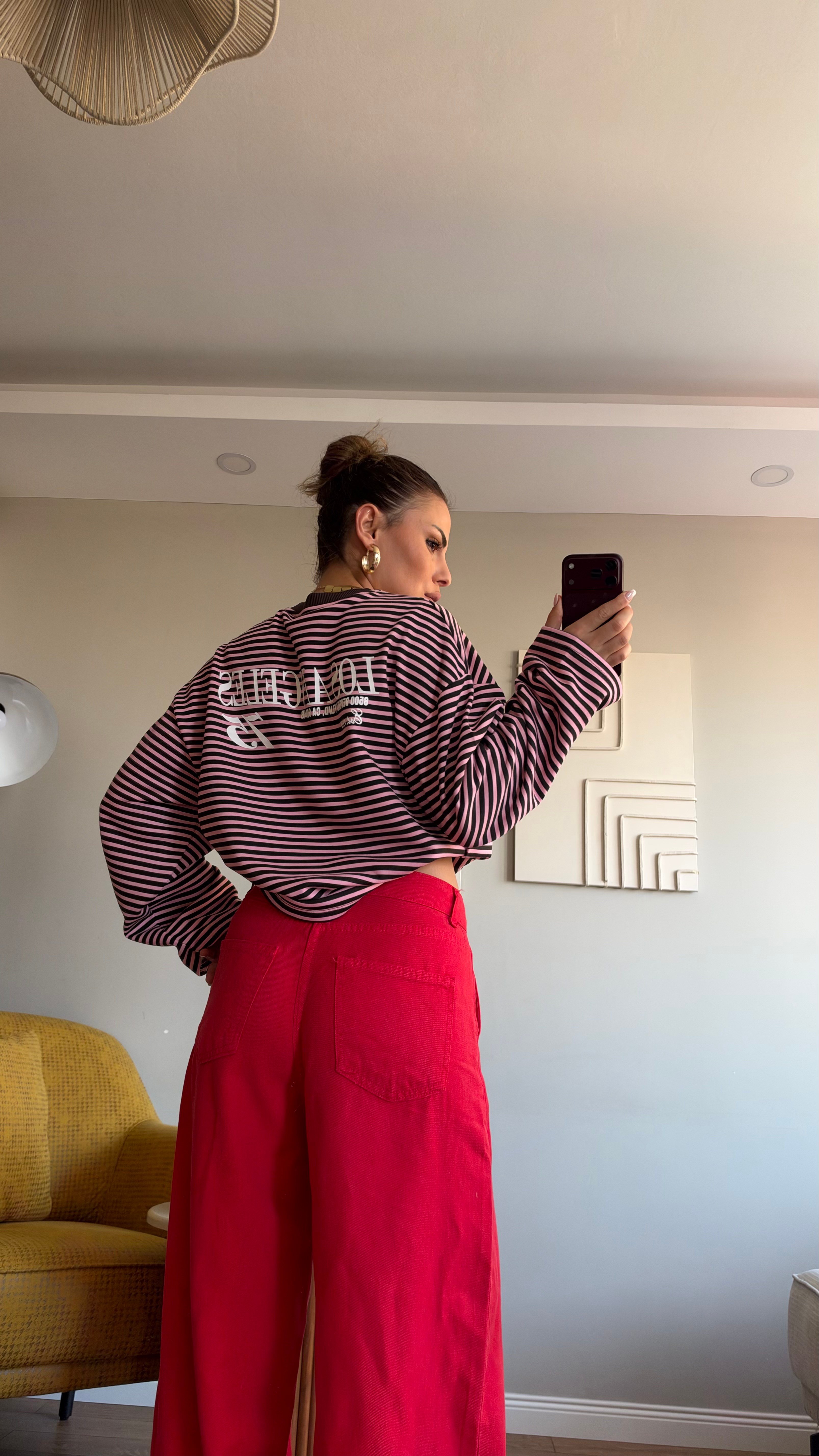 Çizgili Basic  Sweat Los 75 Pembe