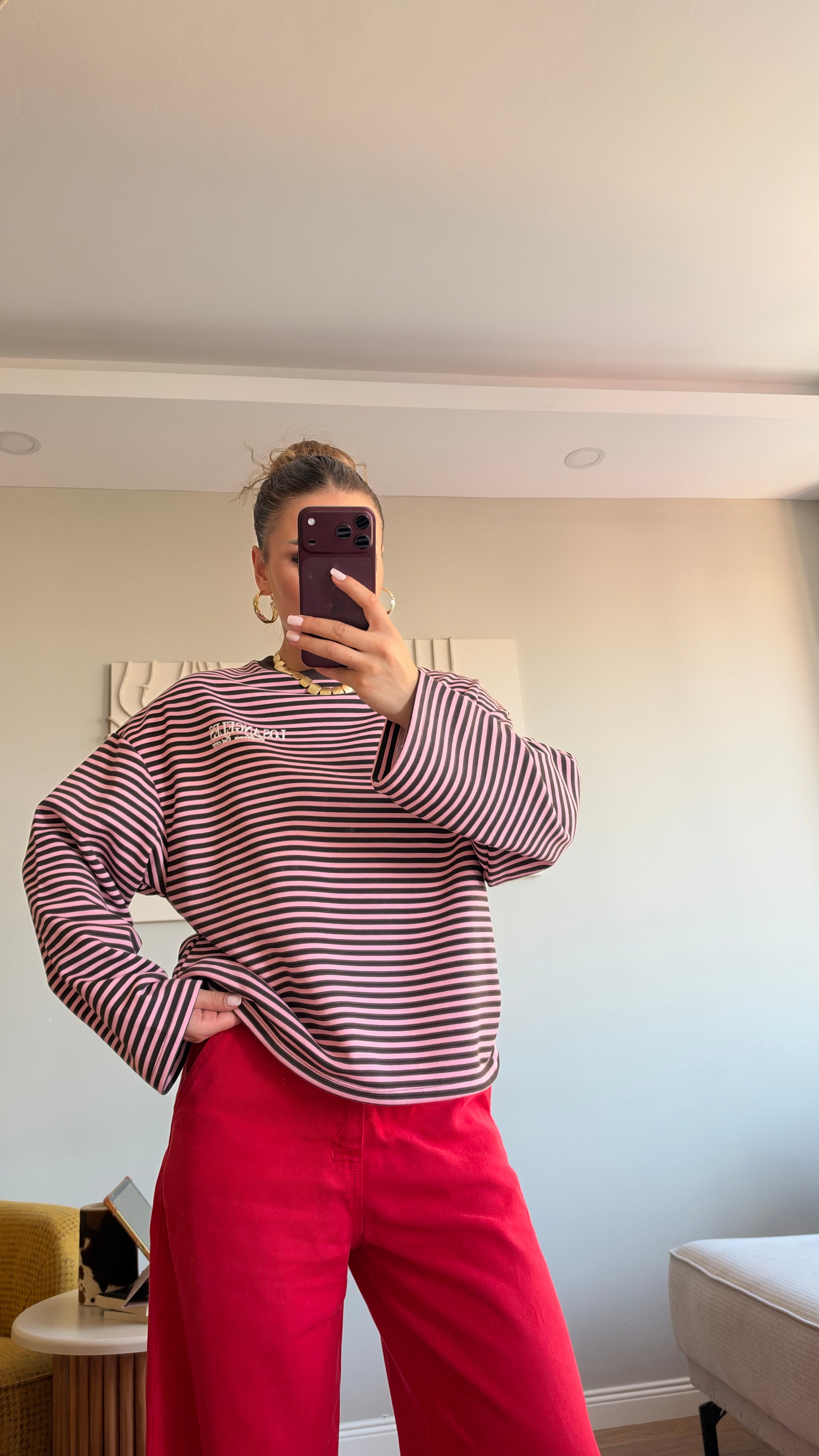 Çizgili Basic  Sweat Los 75 Pembe