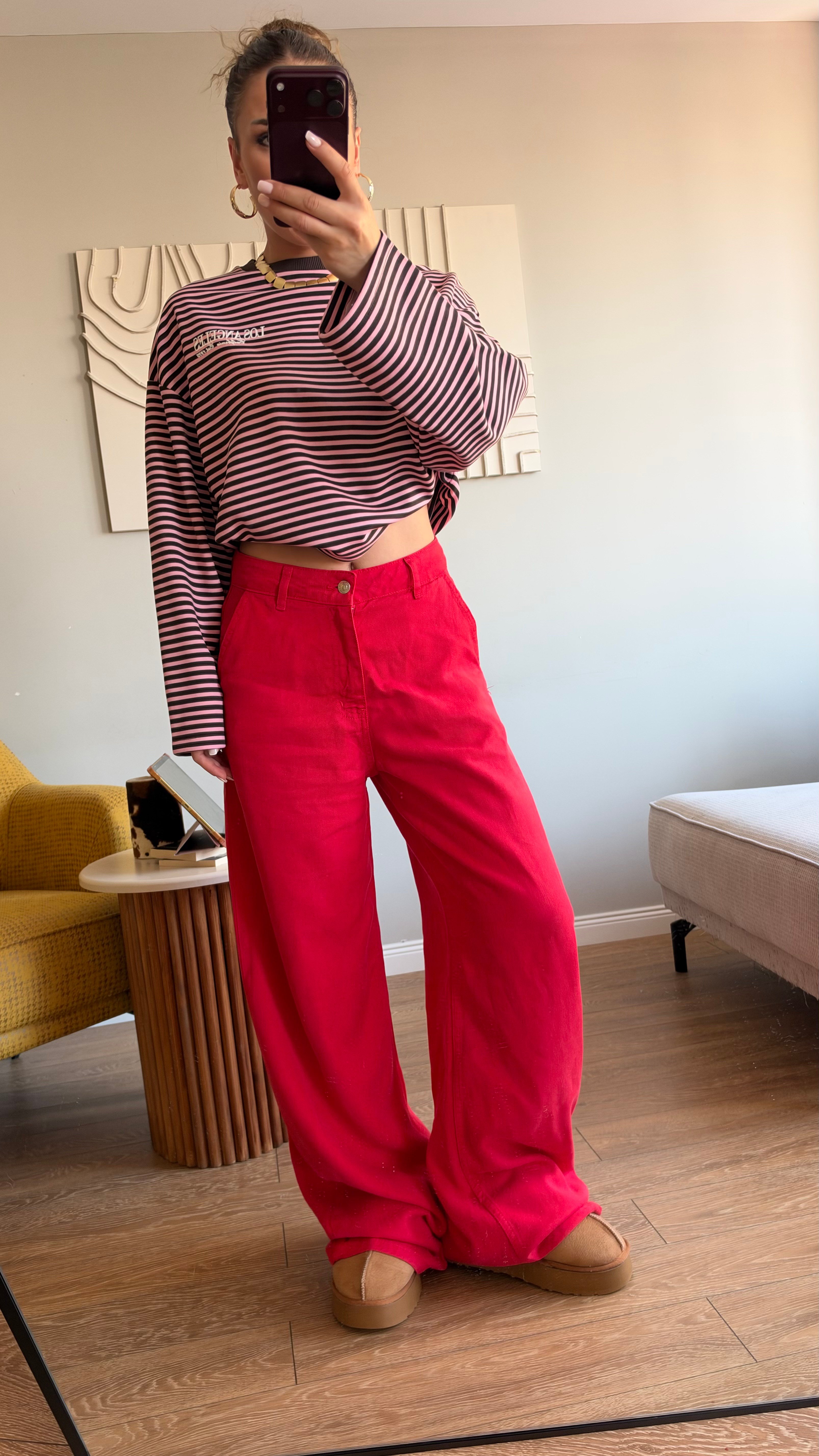 Çizgili Basic  Sweat Los 75 Pembe