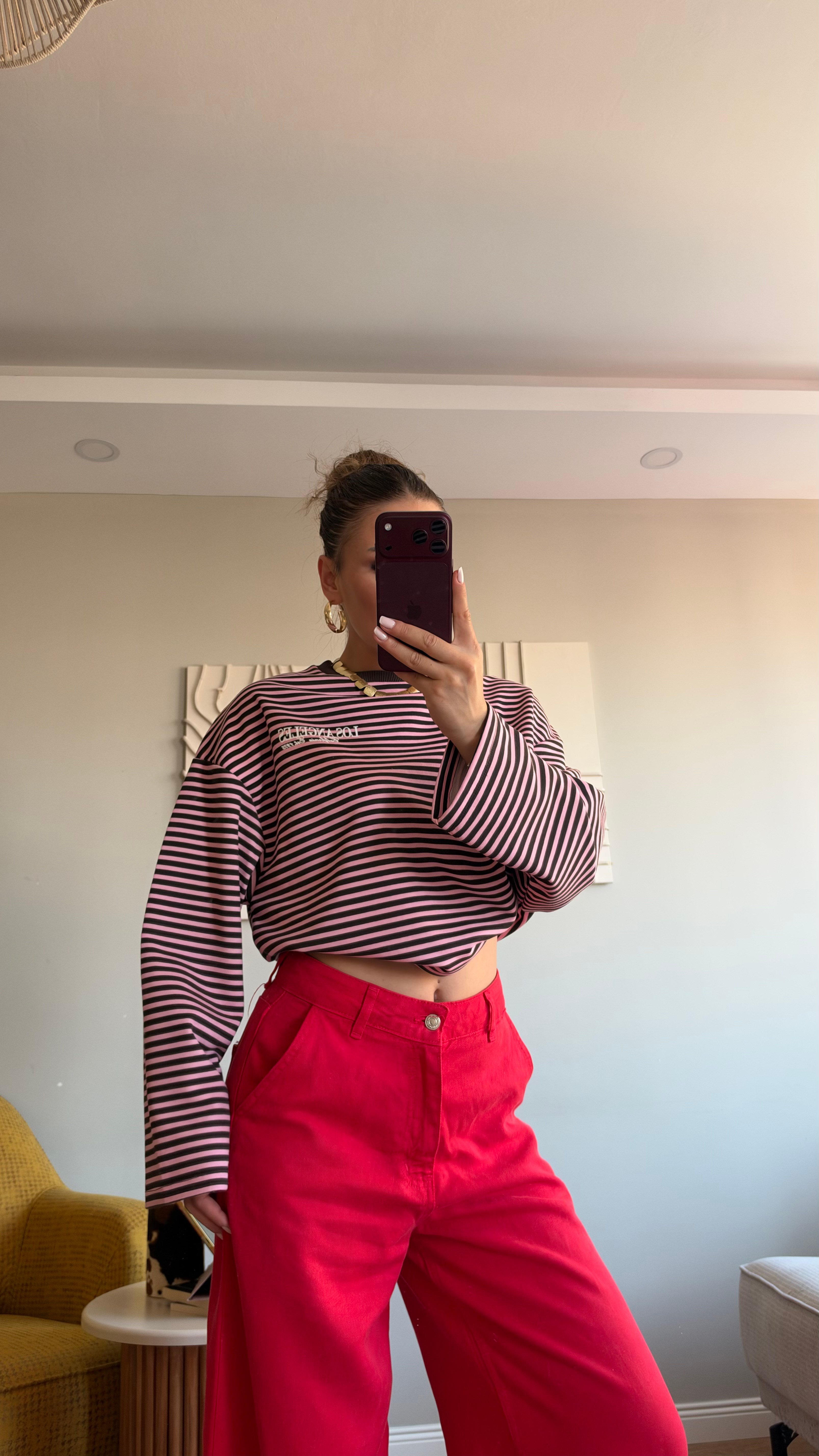 Çizgili Basic  Sweat Los 75 Pembe