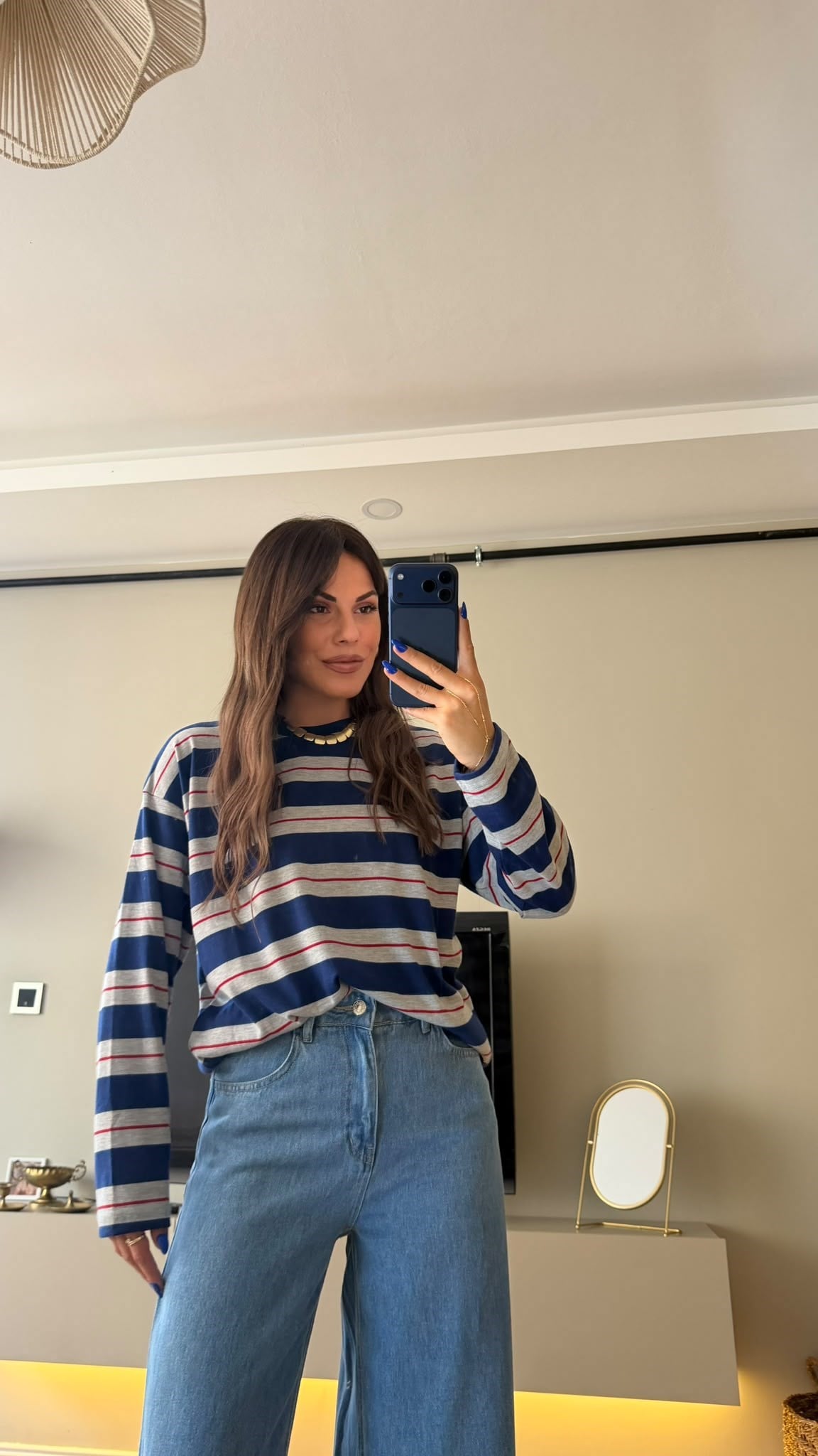 Çizgili Bisiklet Yaka Oversize Sweatshirt Lacivert