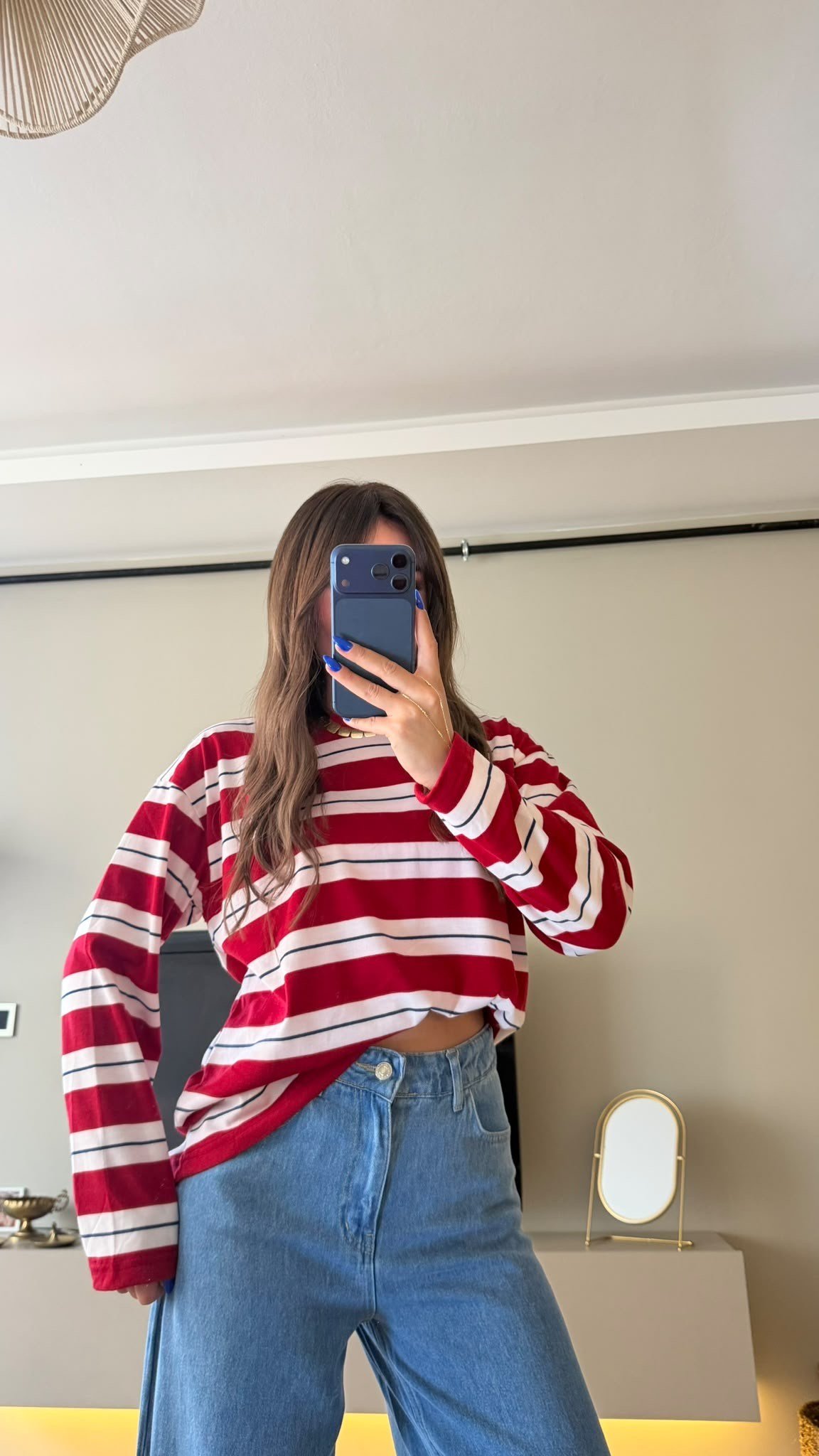 Çizgili Bisiklet Yaka Oversize Sweatshirt Kırmızı