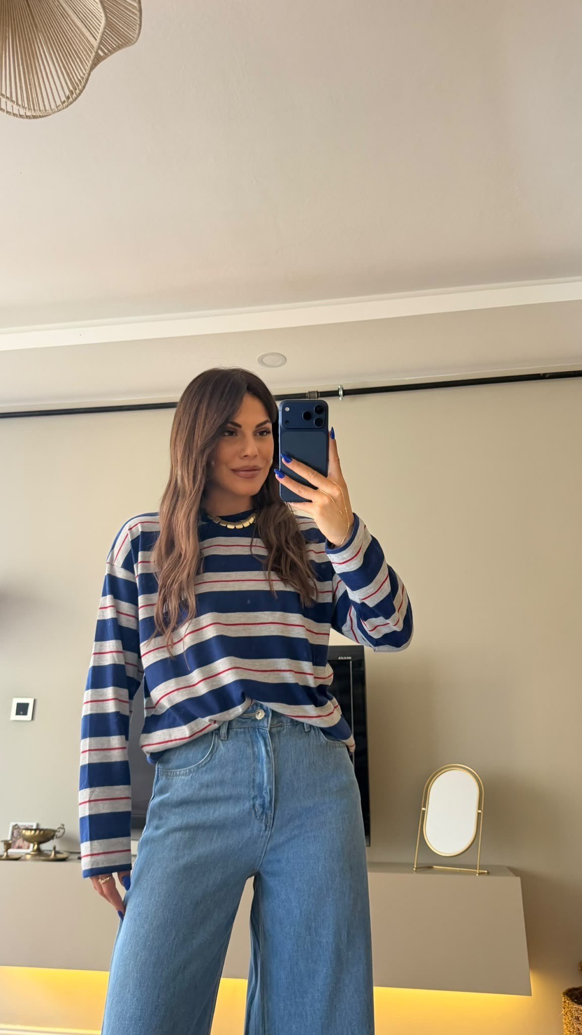 Çizgili Bisiklet Yaka Oversize Sweatshirt Lacivert