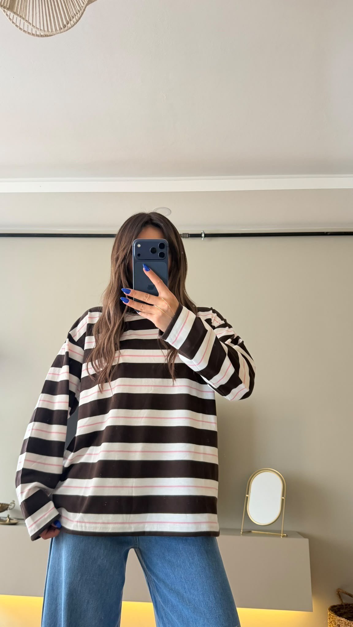 Çizgili Bisiklet Yaka Oversize Sweatshirt Kahve