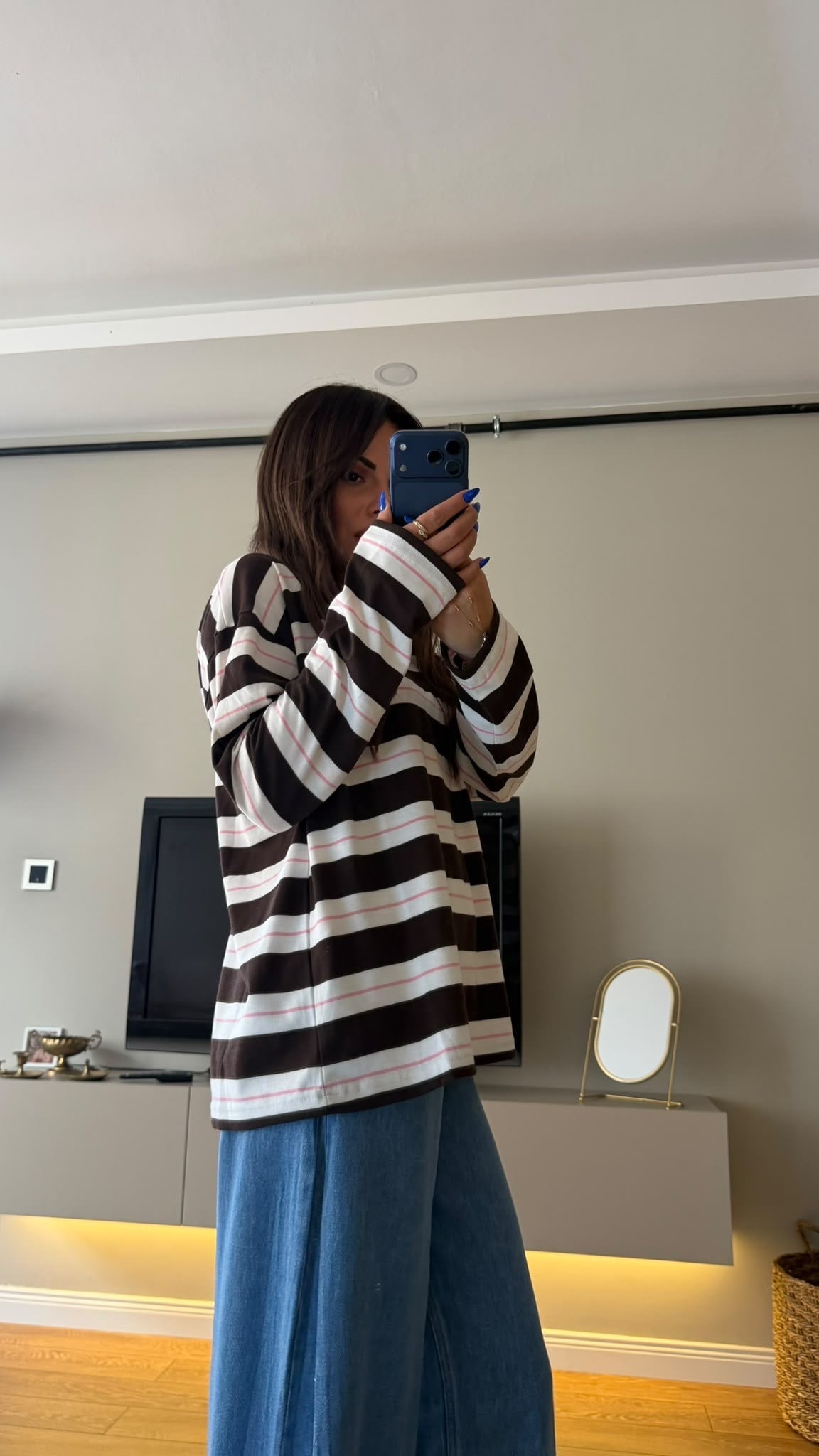 Çizgili Bisiklet Yaka Oversize Sweatshirt Kahve