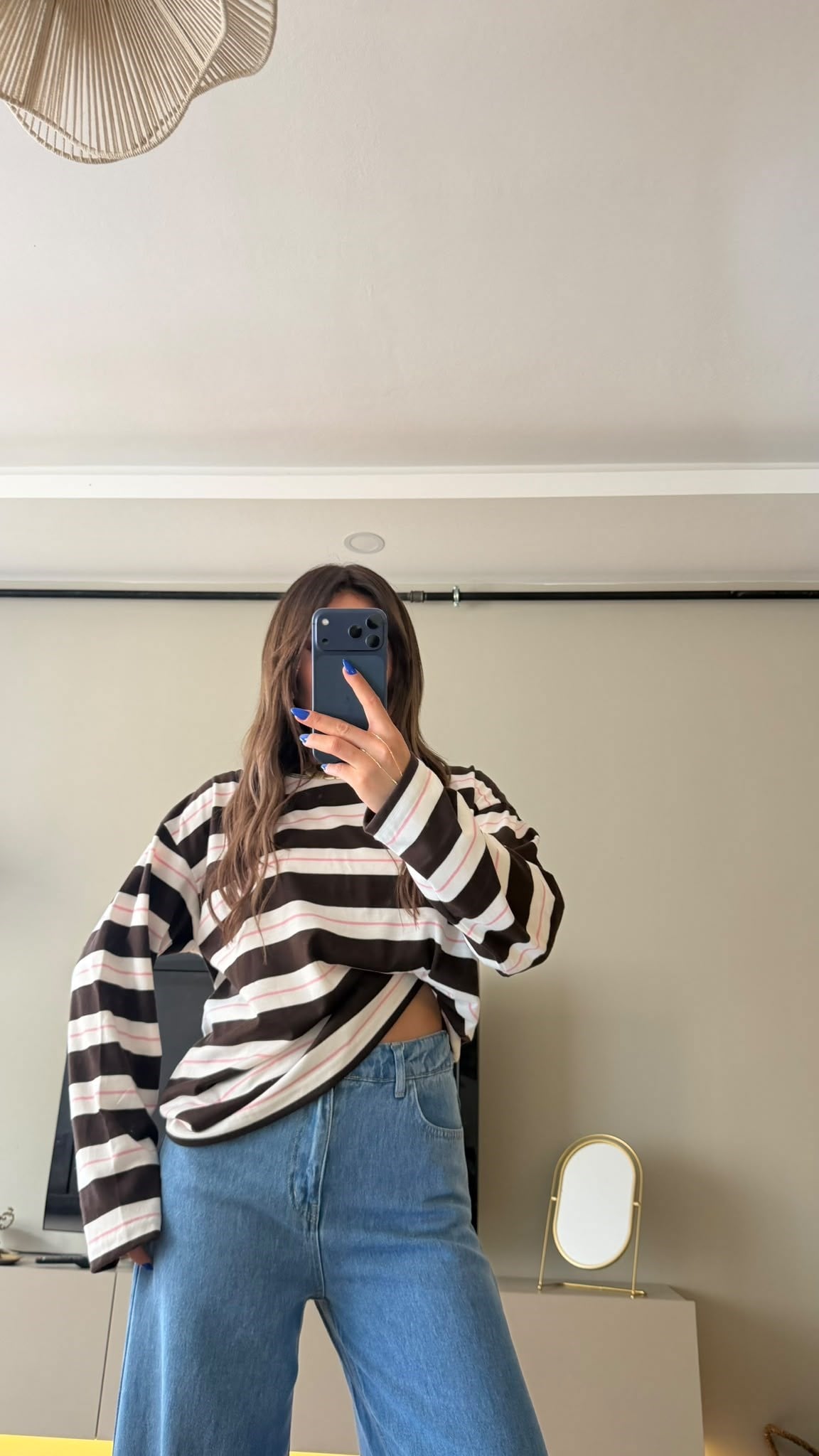 Çizgili Bisiklet Yaka Oversize Sweatshirt Kahve