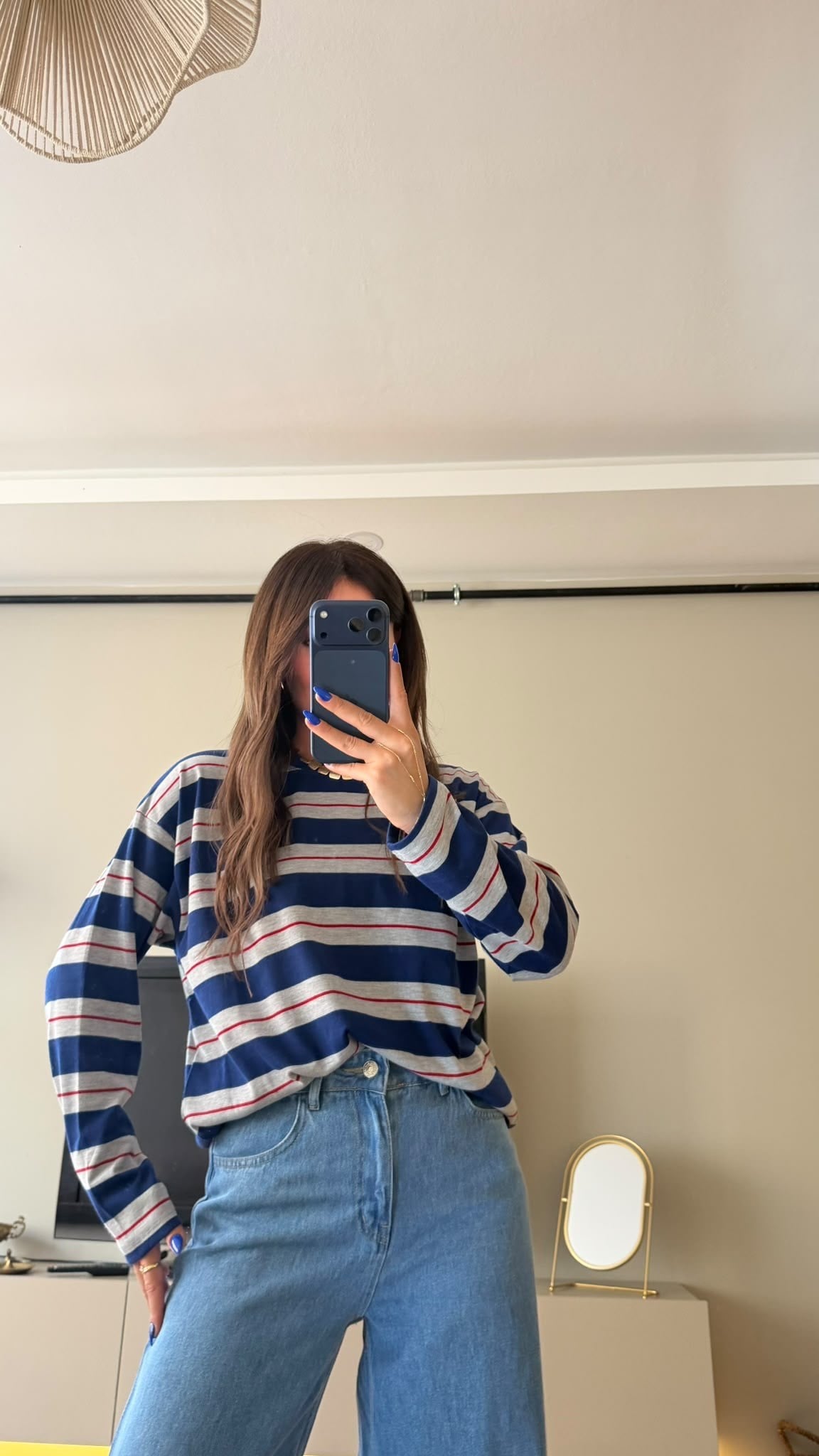 Çizgili Bisiklet Yaka Oversize Sweatshirt Lacivert