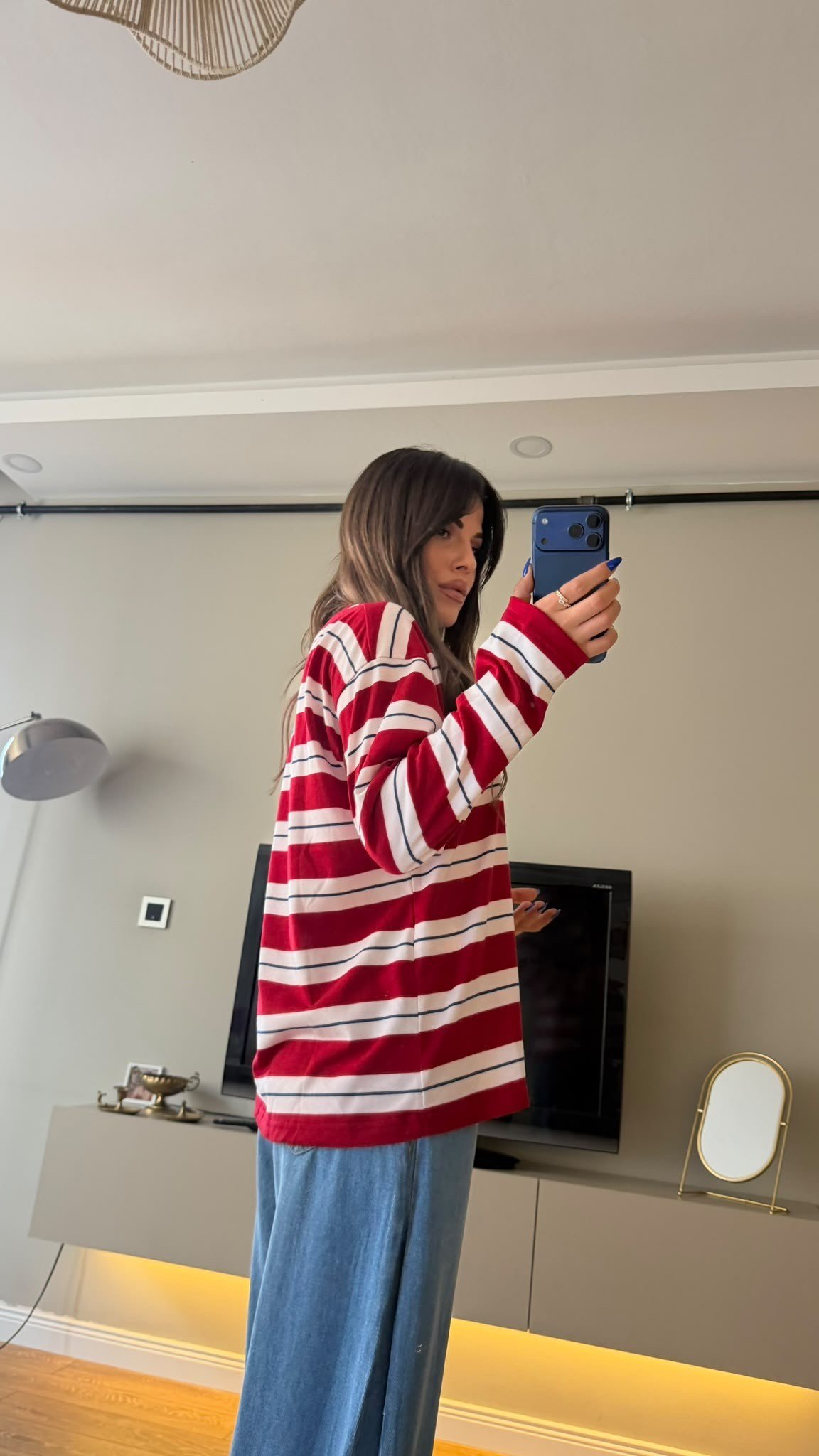 Çizgili Bisiklet Yaka Oversize Sweatshirt Kırmızı