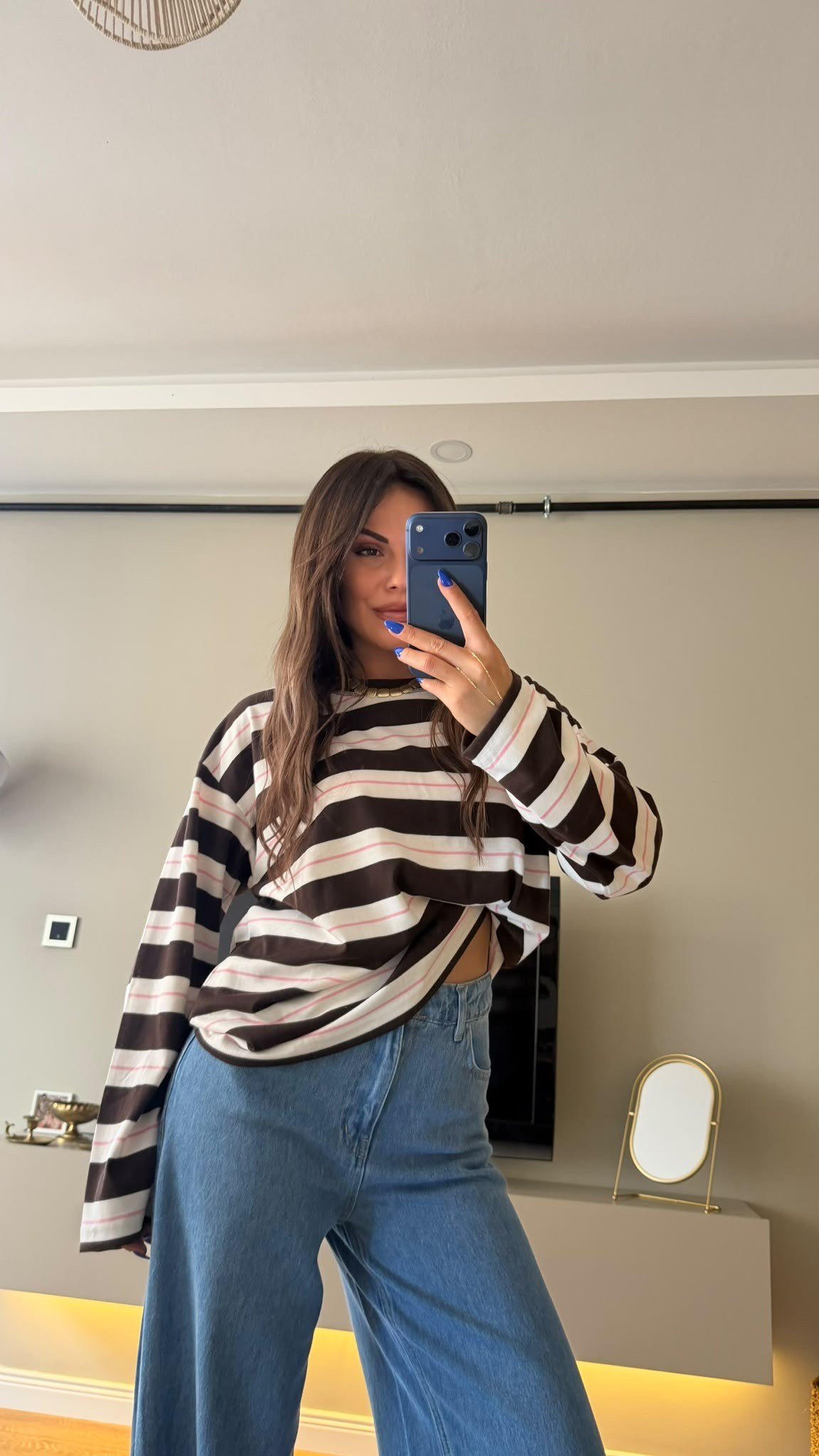 Çizgili Bisiklet Yaka Oversize Sweatshirt Kahve