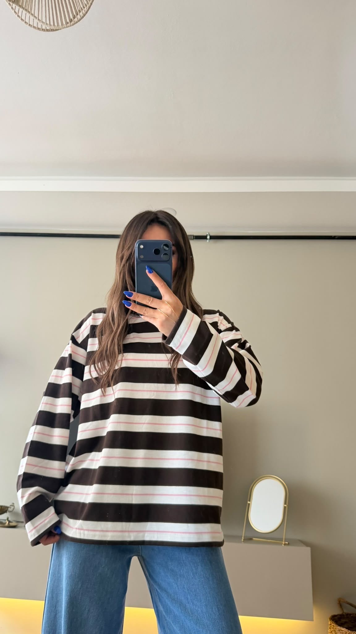 Çizgili Bisiklet Yaka Oversize Sweatshirt Kahve