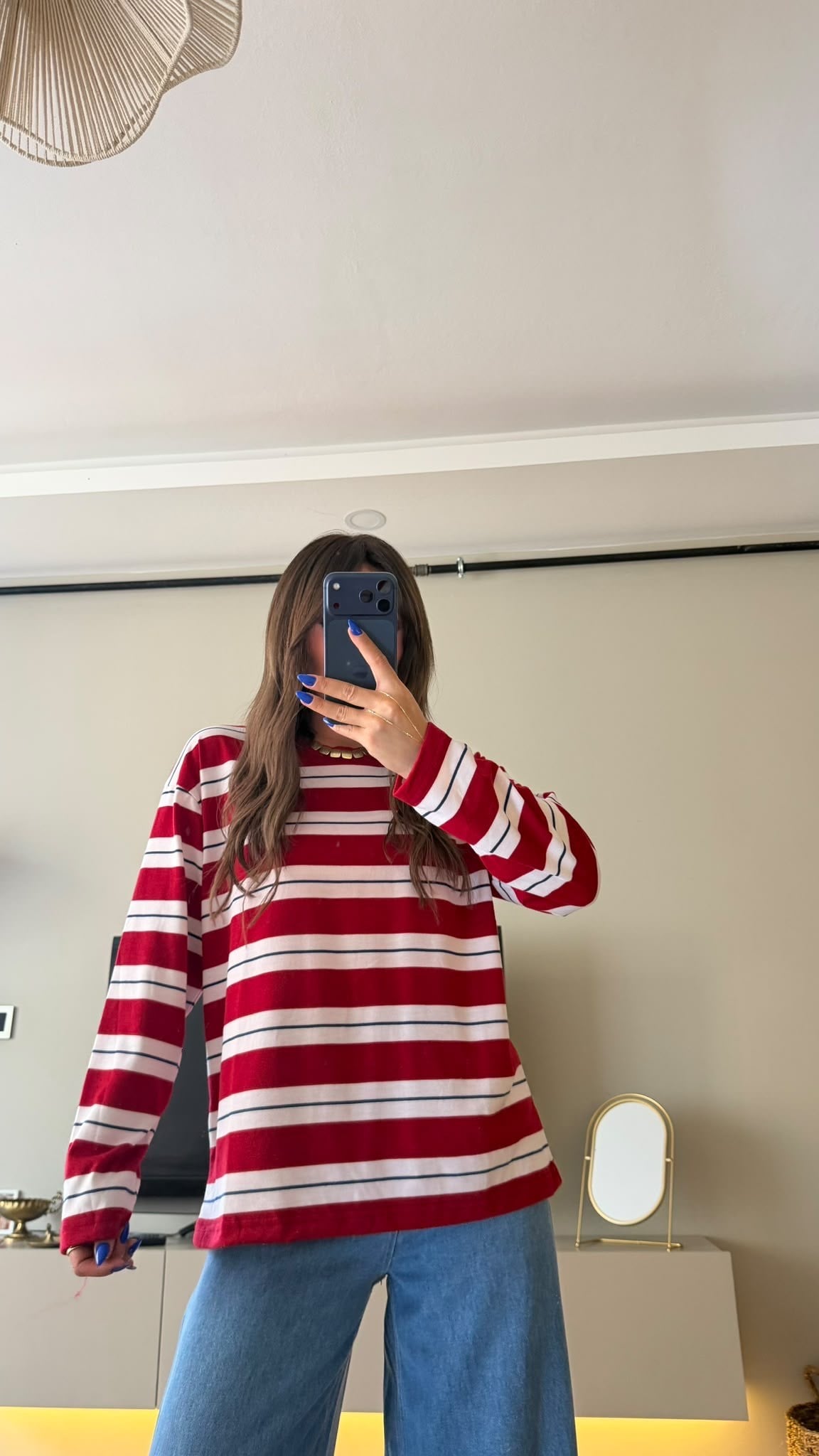 Çizgili Bisiklet Yaka Oversize Sweatshirt Kırmızı