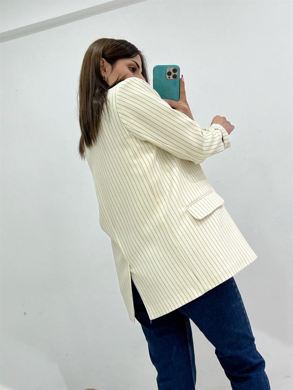 ÇİZGİLİ BLAZER CEKET EKRU