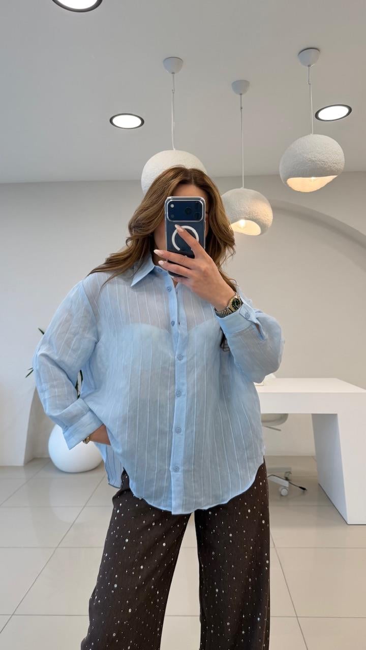 ÇİZGİLİ TÜL GÖMLEK BEBE MAVİ