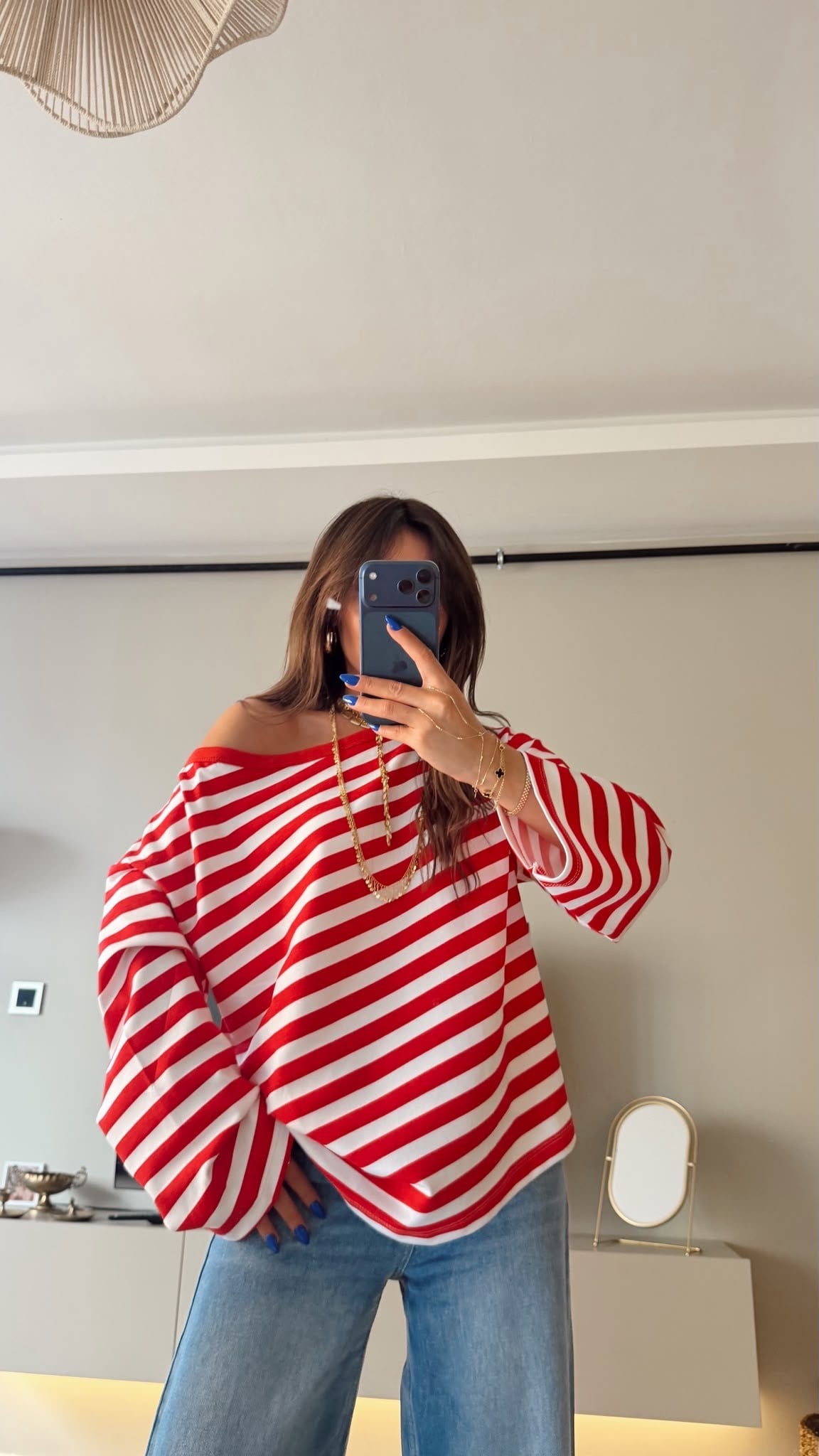Çizgili Uzun Kol Kayık Yaka Oversize Tshırt Kırmızı-Beyaz