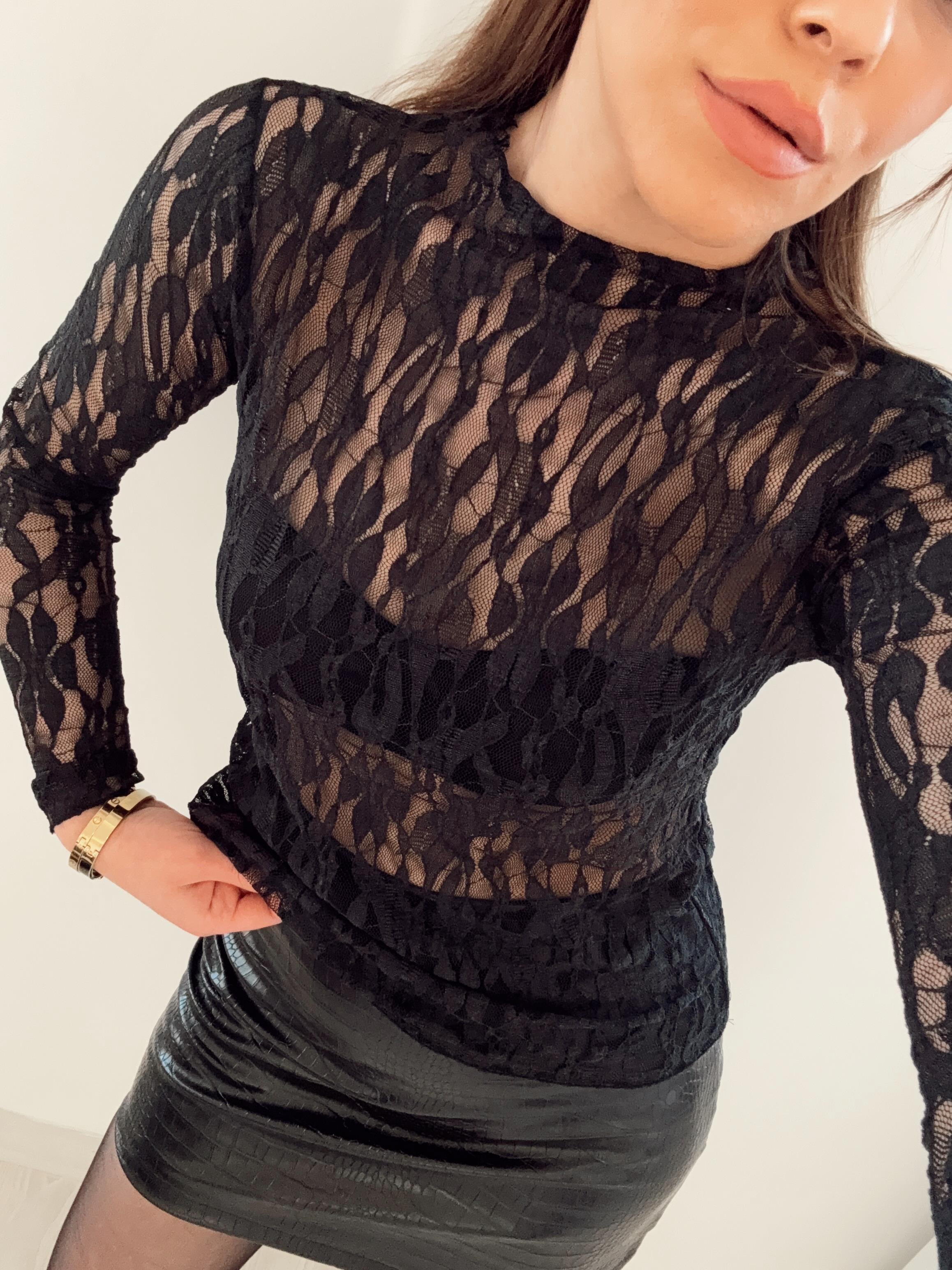 DANTELLİ TÜL BLUZ SİYAH