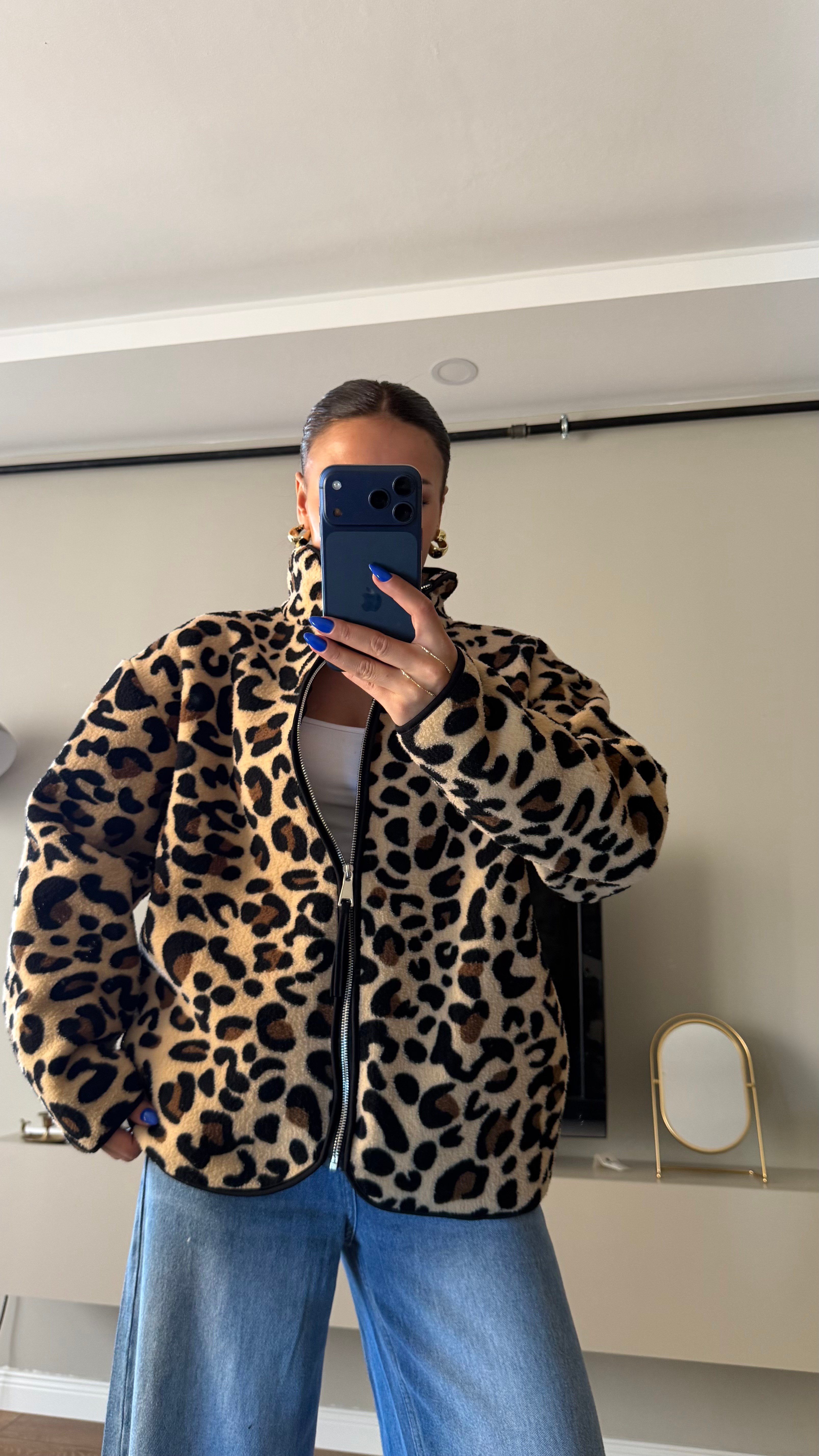 Desenli Fermuarlı Peluş Leopar Mont