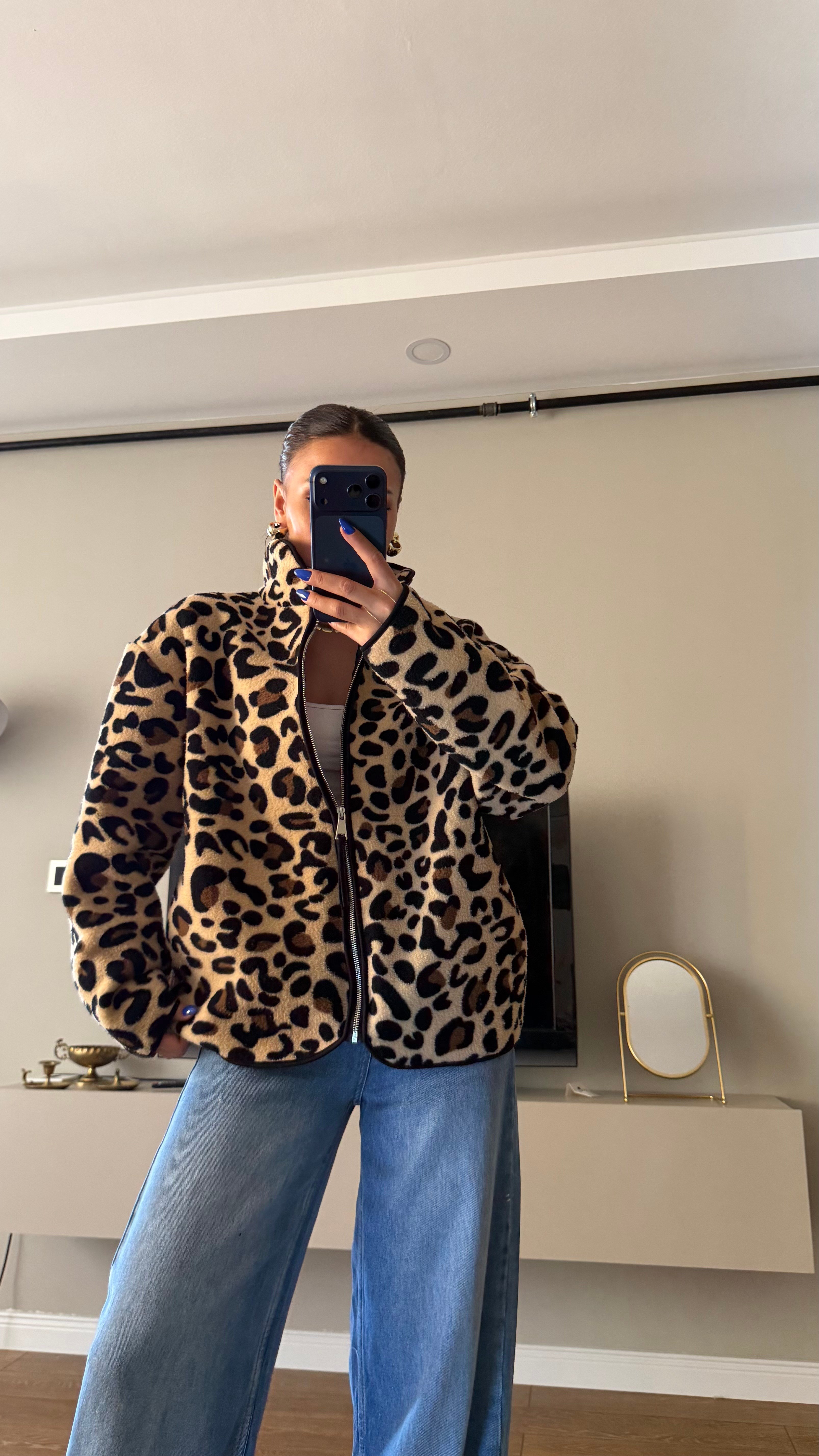 Desenli Fermuarlı Peluş Leopar Mont