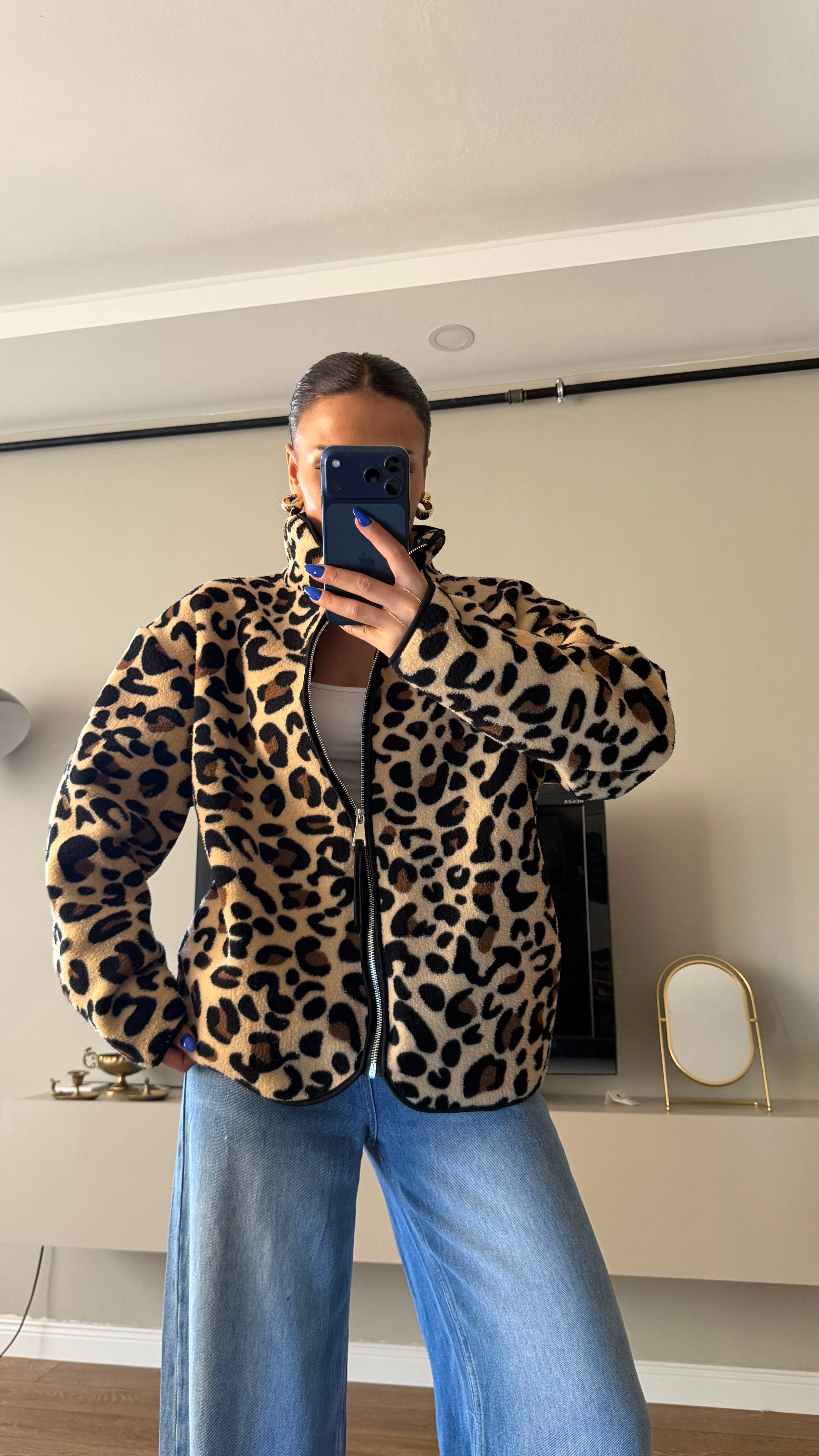 Desenli Fermuarlı Peluş Leopar Mont