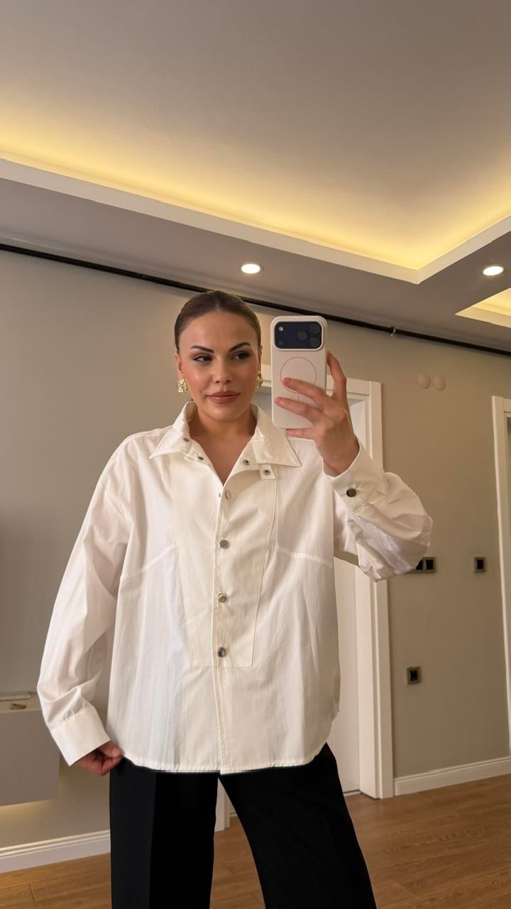 Dik Yaka Çıtlı Poplin Gömlek Beyaz
