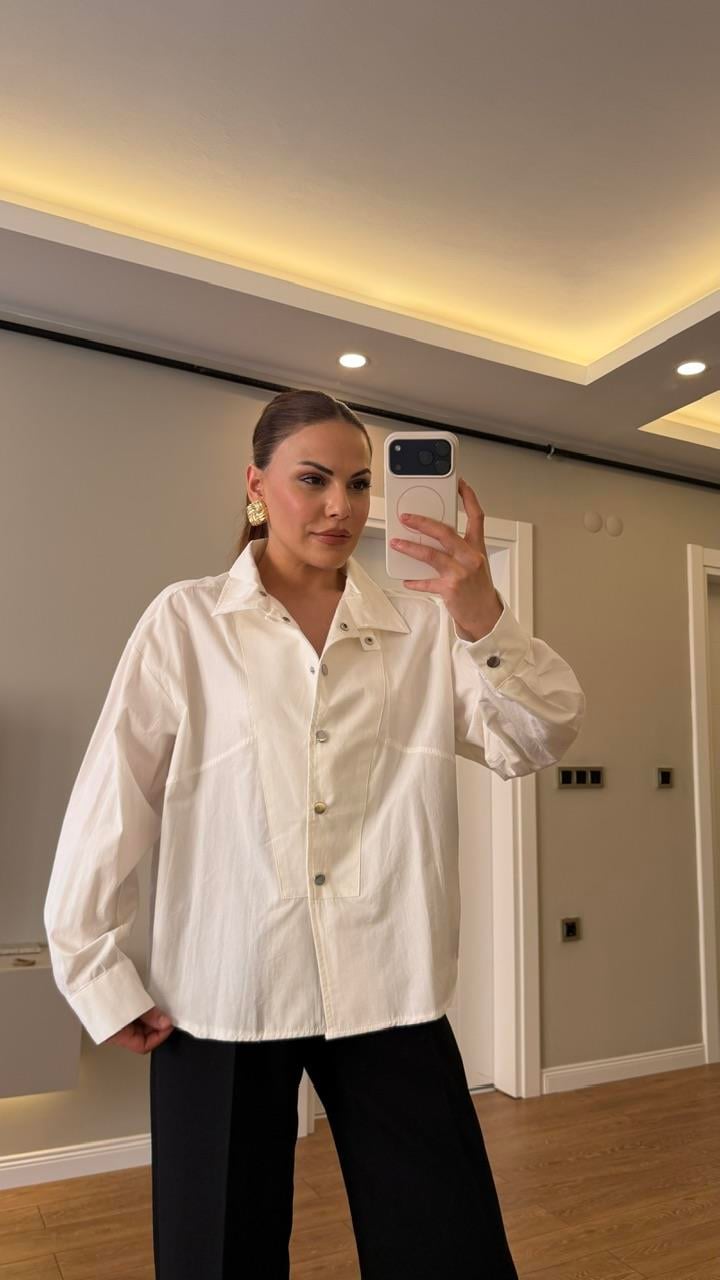 Dik Yaka Çıtlı Poplin Gömlek Beyaz