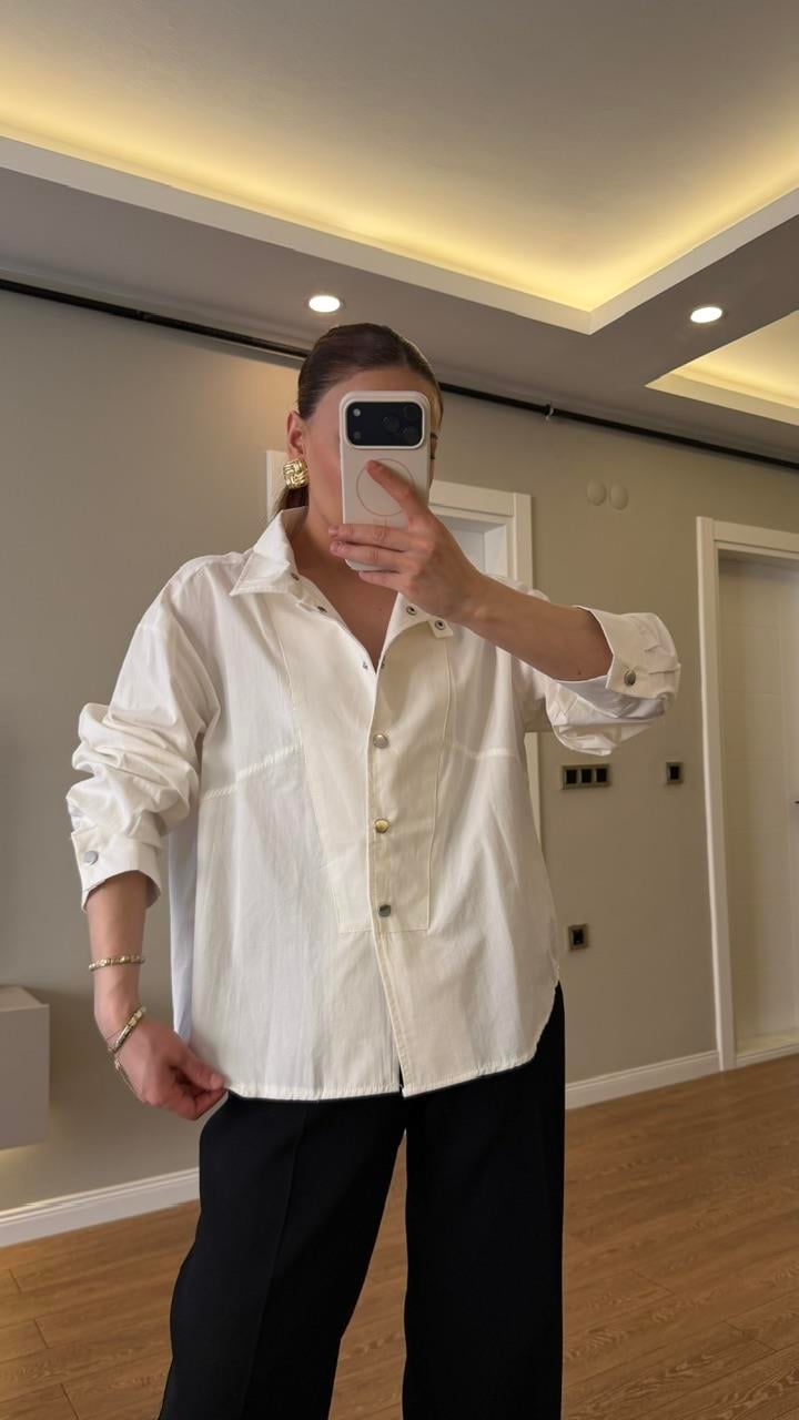 Dik Yaka Çıtlı Poplin Gömlek Beyaz