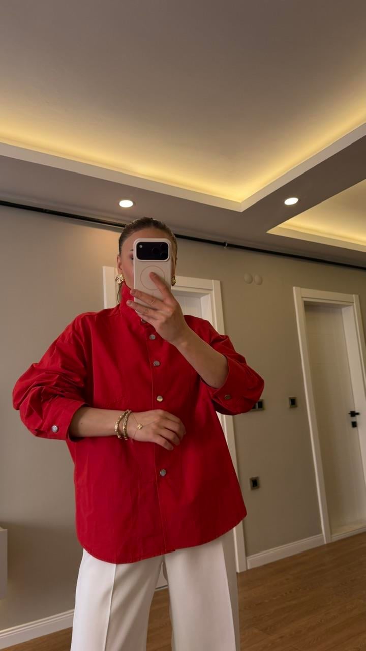 Dik Yaka Çıtlı Poplin Gömlek Kırmızı