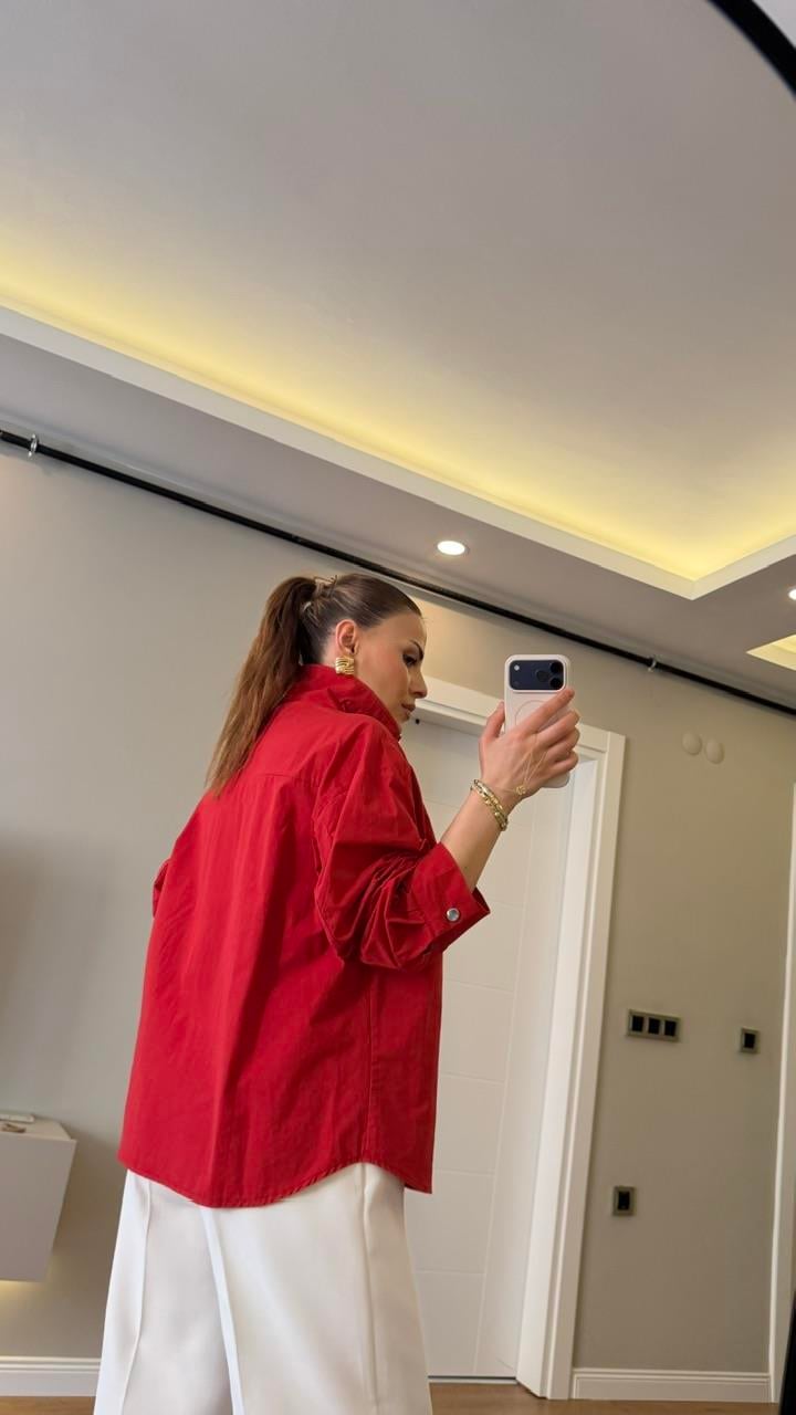Dik Yaka Çıtlı Poplin Gömlek Kırmızı