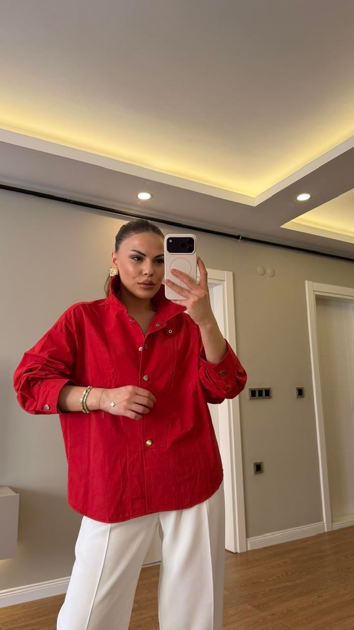 Dik Yaka Çıtlı Poplin Gömlek Kırmızı
