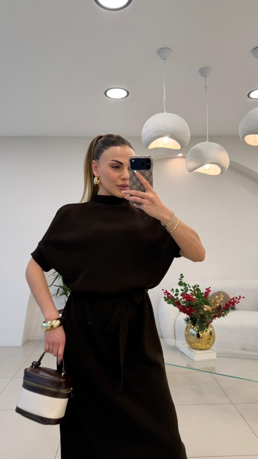 DİK YAKA KISA KOL TRİKO ELBİSE ACI KAHVE