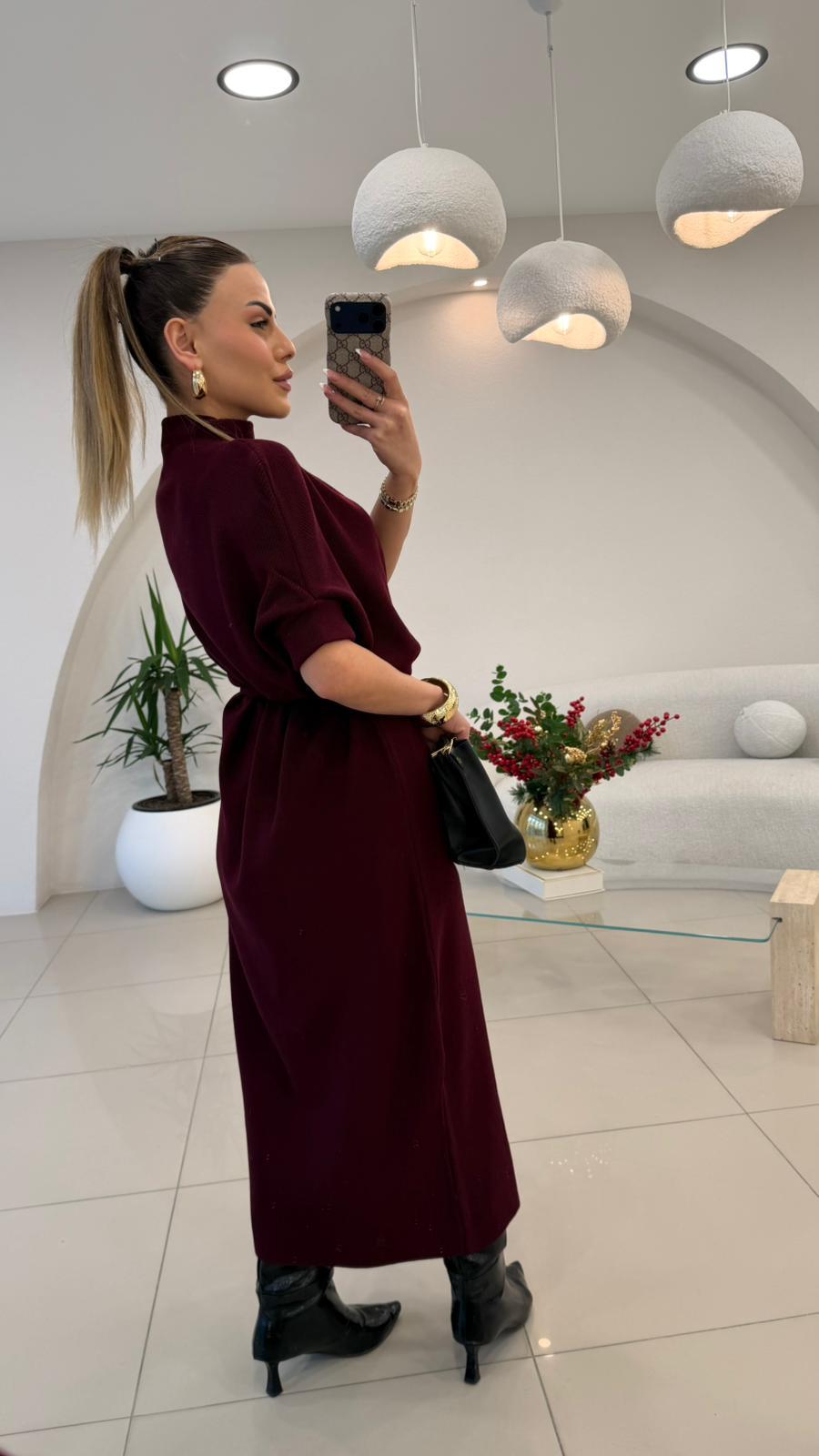 DİK YAKA KISA KOL TRİKO ELBİSE BORDO