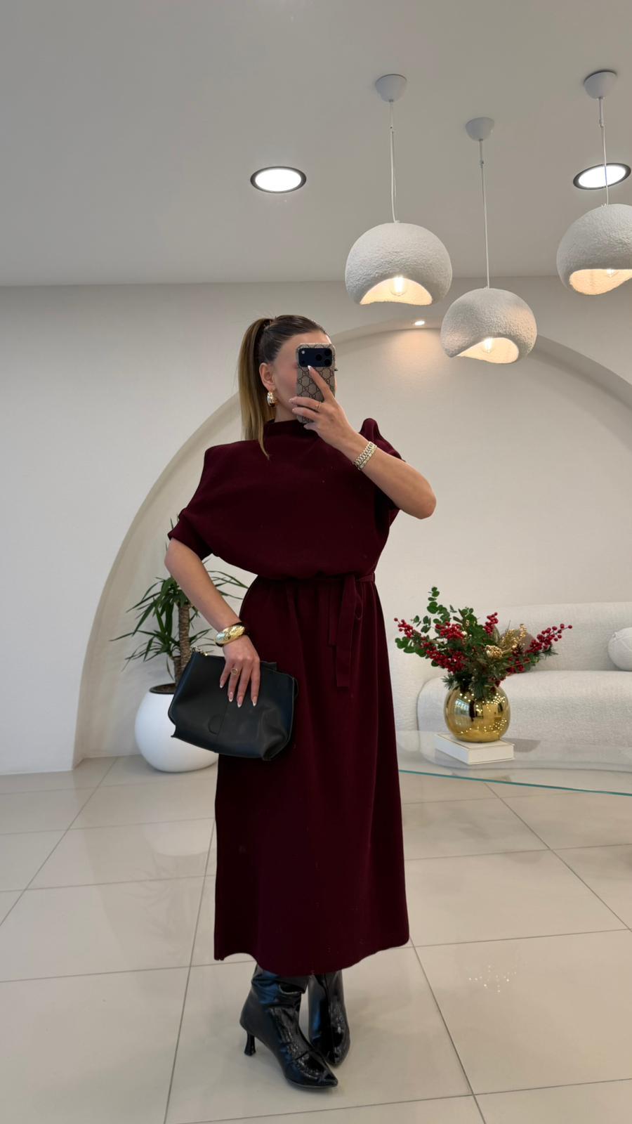 DİK YAKA KISA KOL TRİKO ELBİSE BORDO