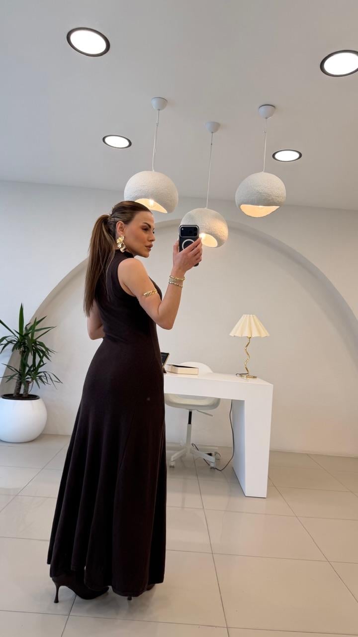 DİK YAKA PAMUK TRİKO ELBİSE KAHVE