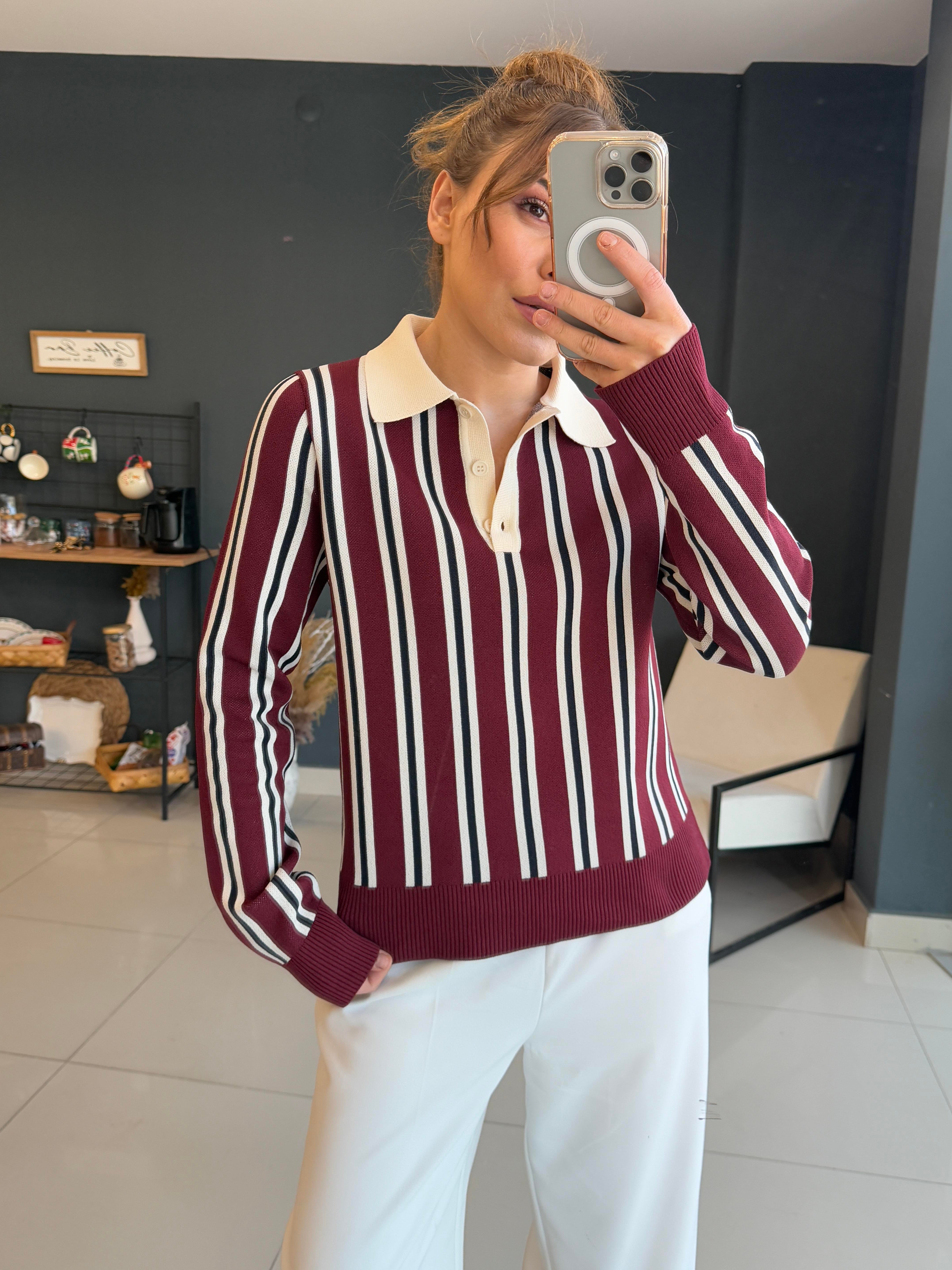 DİLVİN ÇİZGİLİ BLUZ BORDO