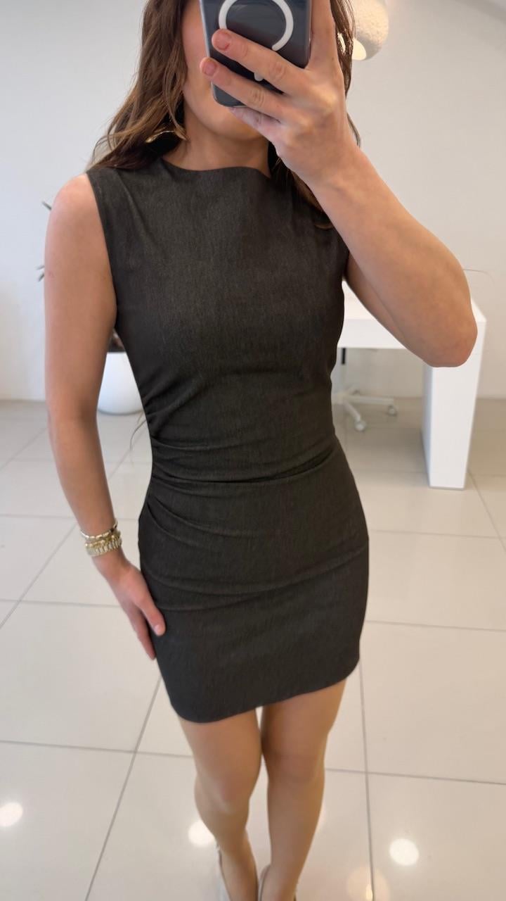 DRAPELİ LİKRALI KUMAŞ ELBİSE ACI KAHVE
