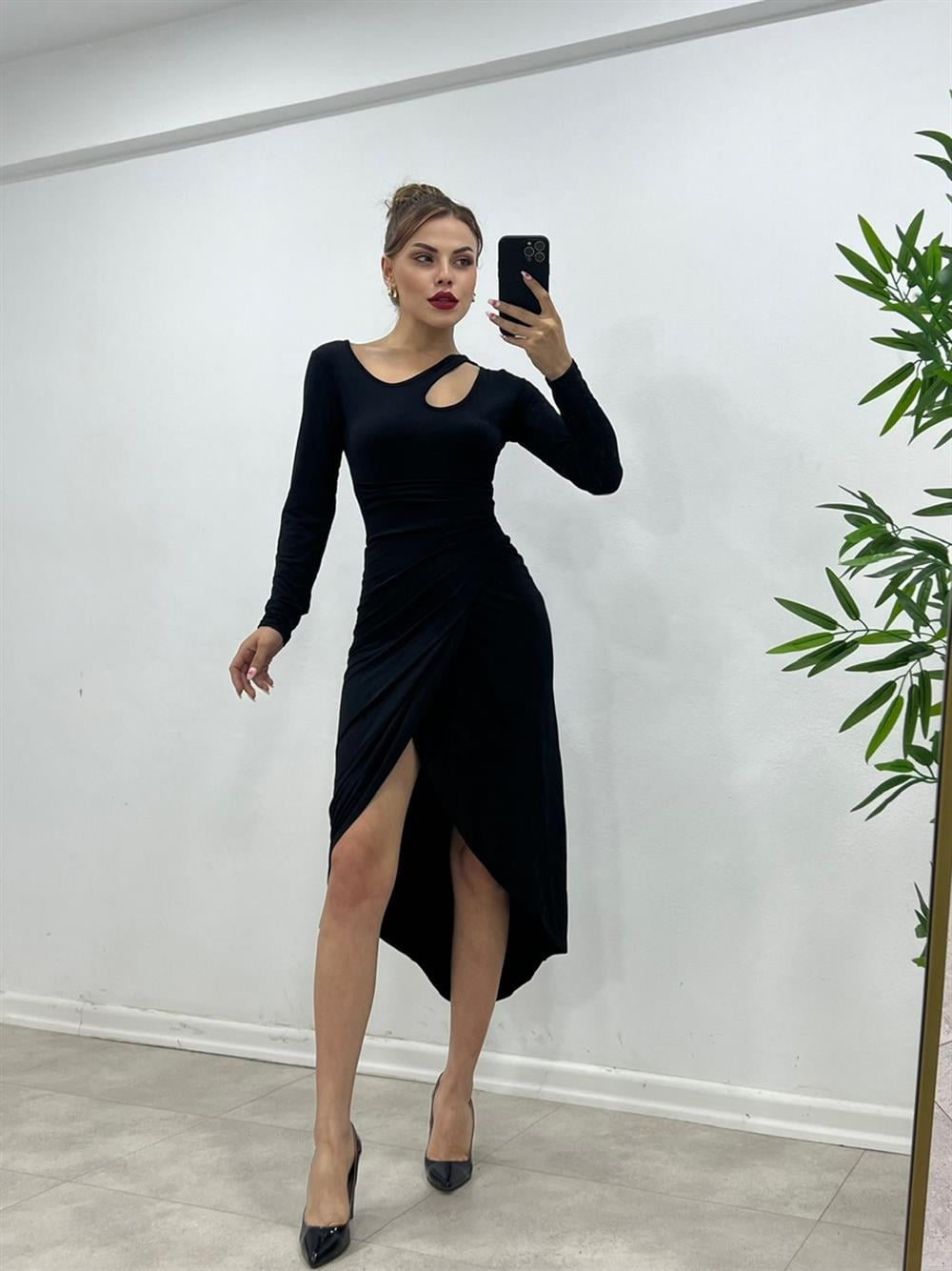DRAPELİ PENCERE DETAYLI SİYAH ELBİSE
