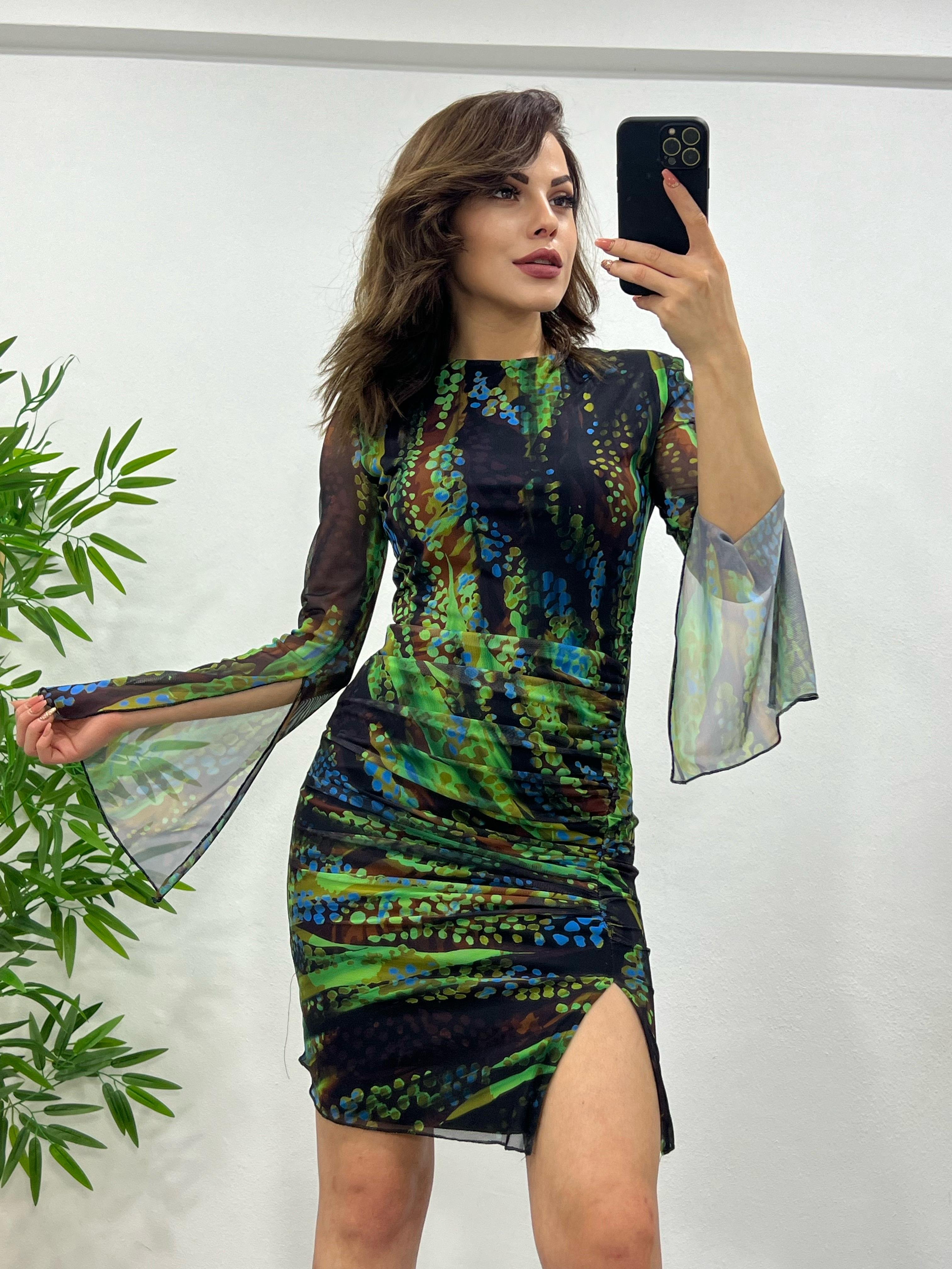 DRAPELİ YEŞİL MİNİ ELBİSE