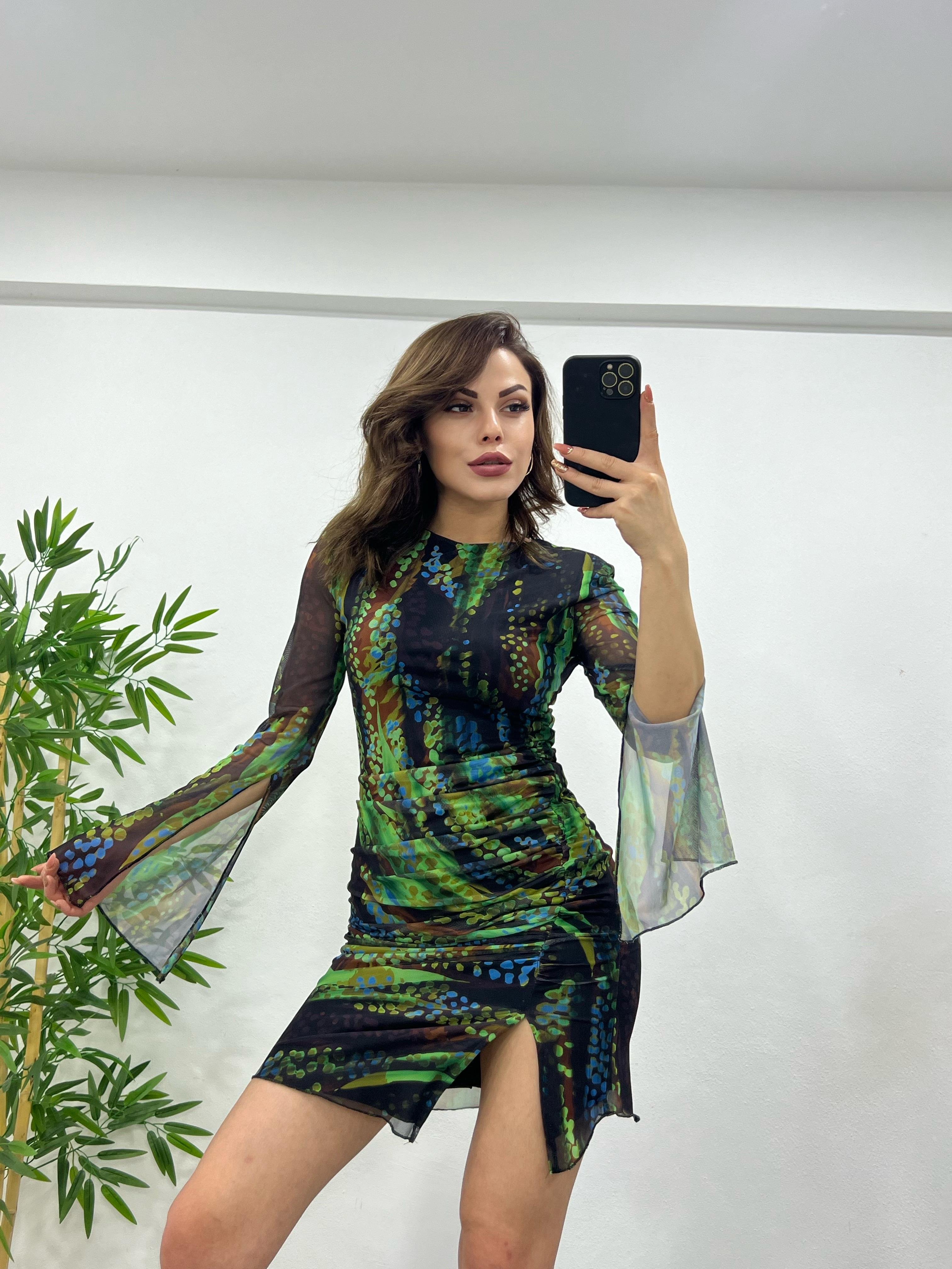 DRAPELİ YEŞİL MİNİ ELBİSE