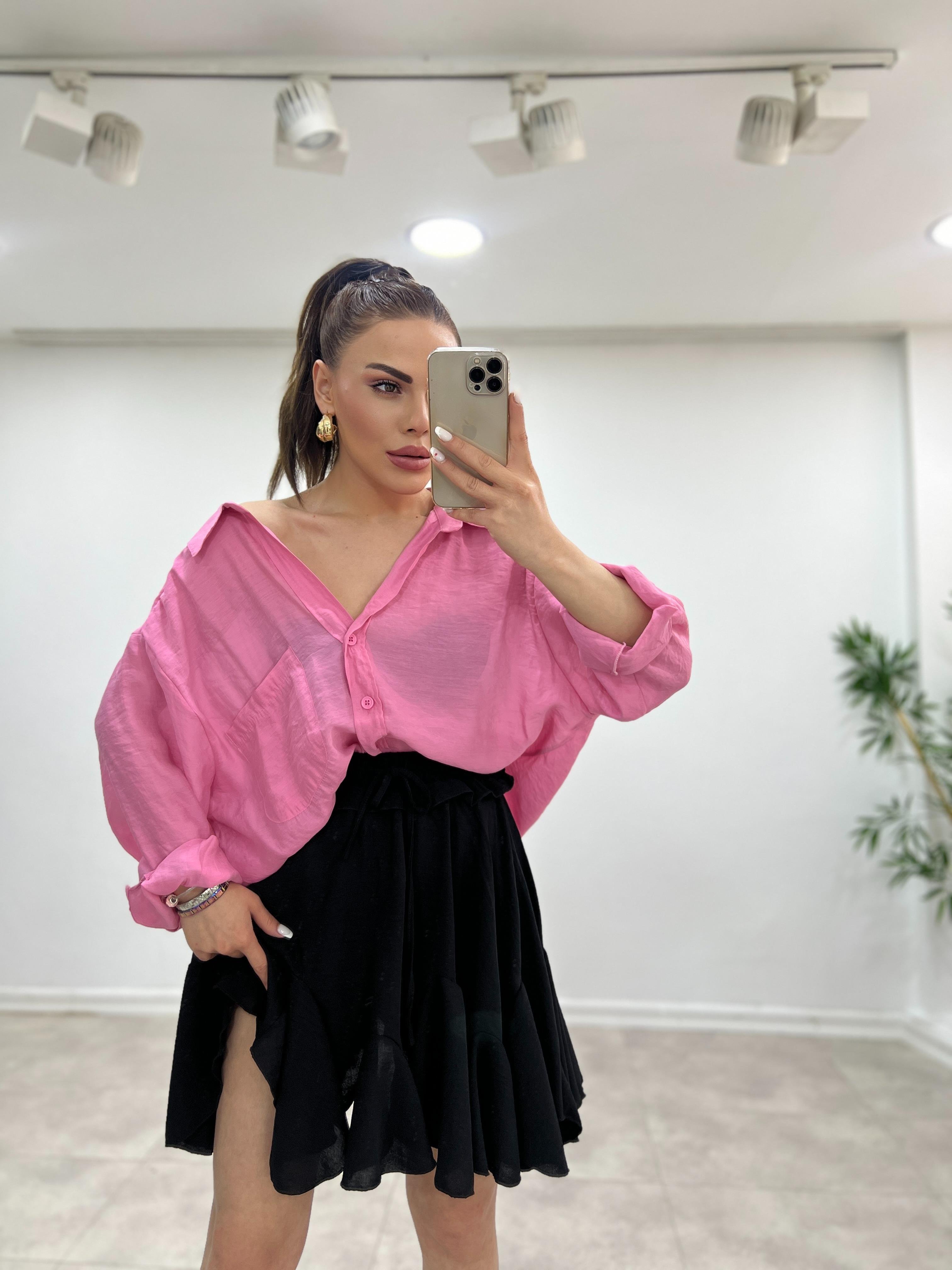 DÜŞÜK OMUZLU OVERSİZE GÖMLEK PEMBE