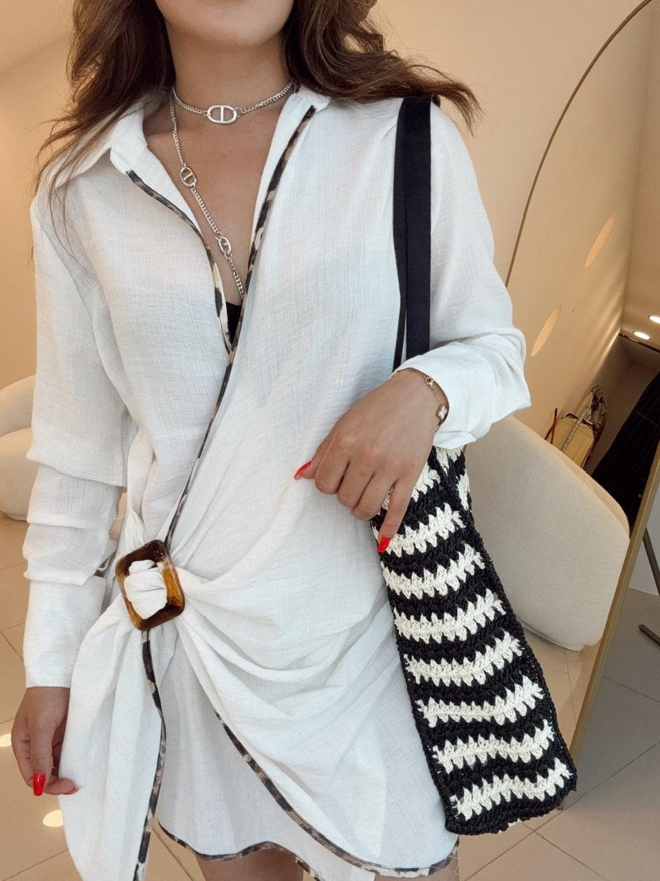 Ekru Leopar  Anvelop Detaylı Elbise