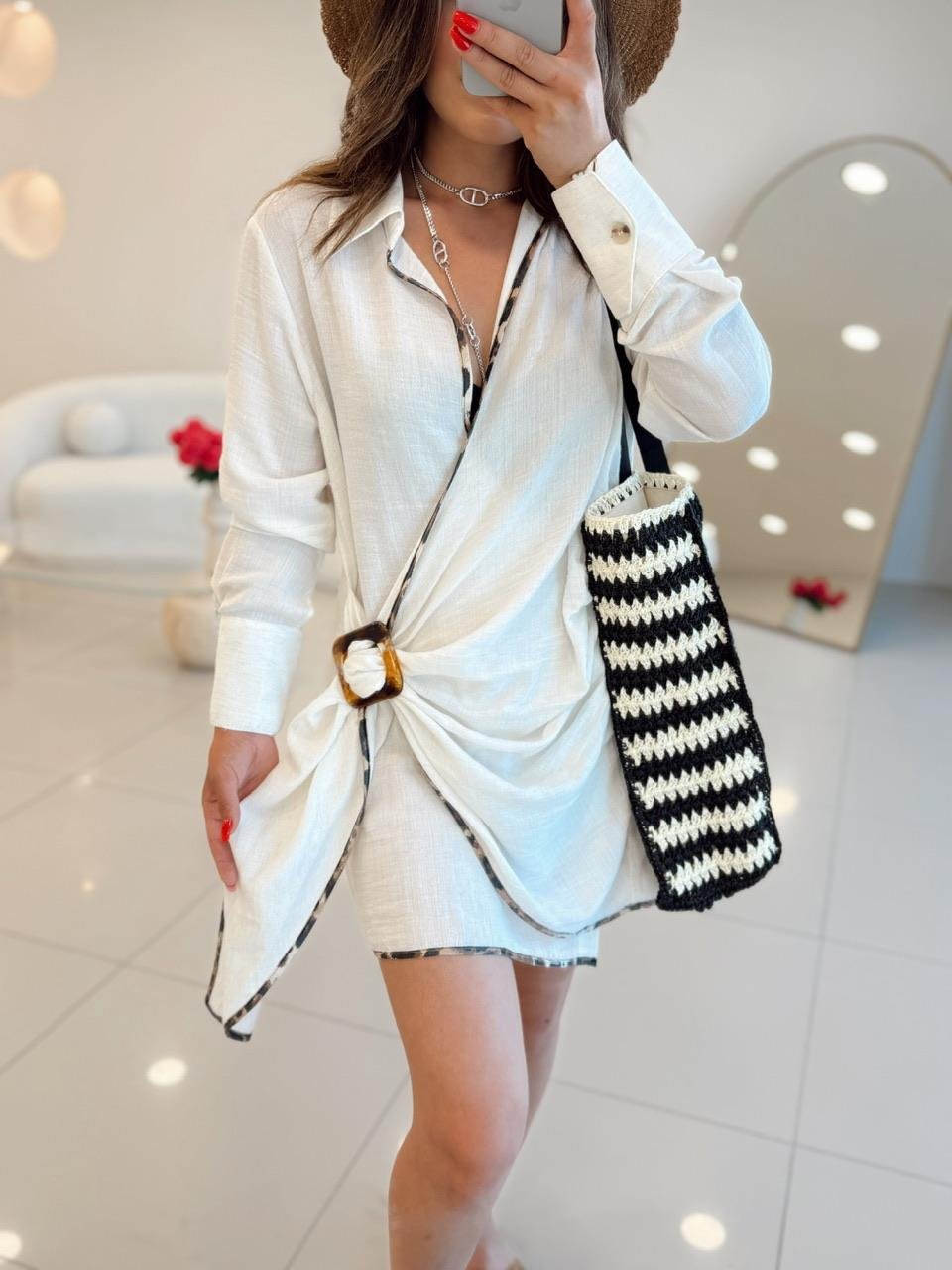 Ekru Leopar  Anvelop Detaylı Elbise