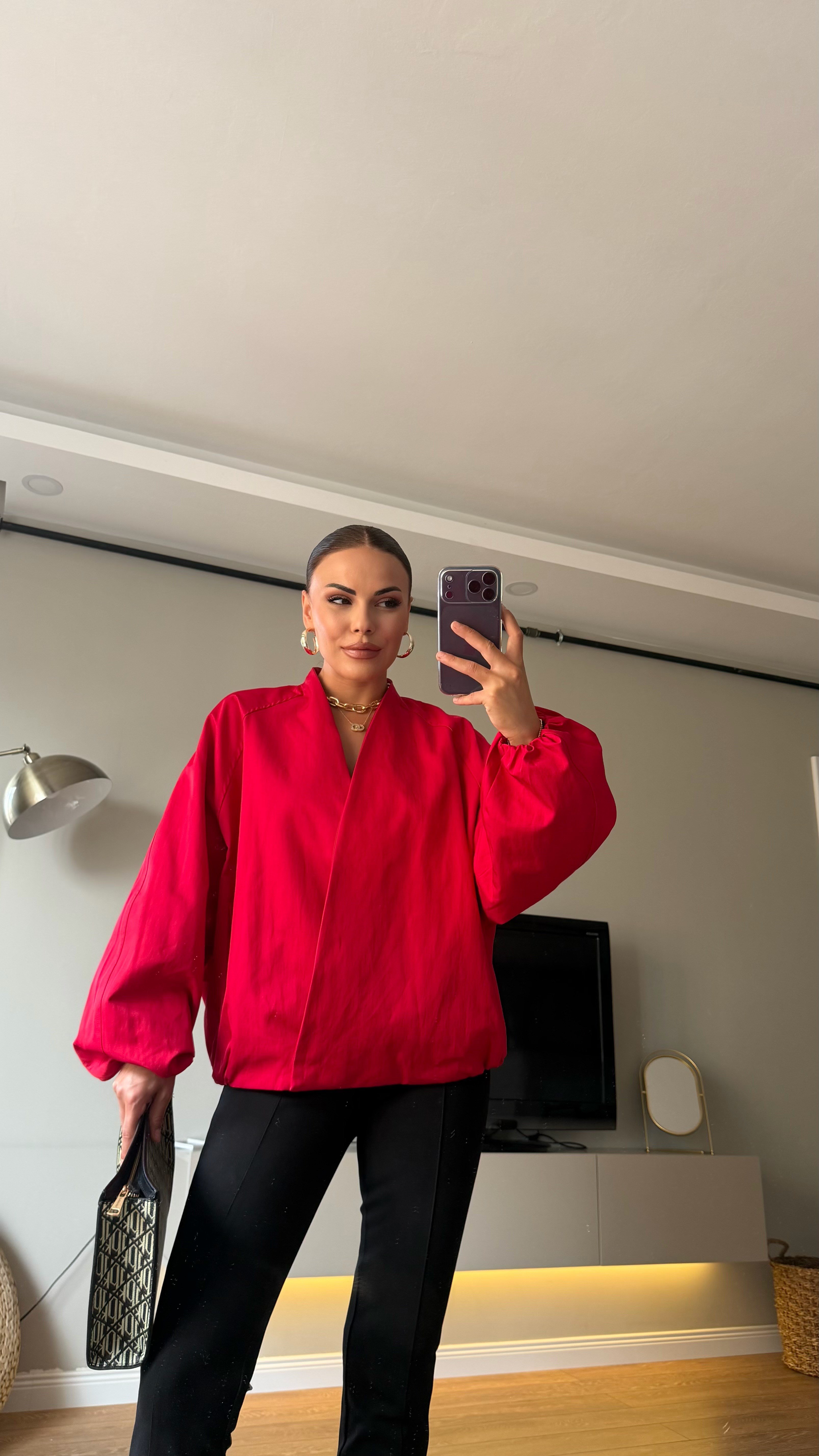Elegant Kırmızı Balon Kollu Ceket