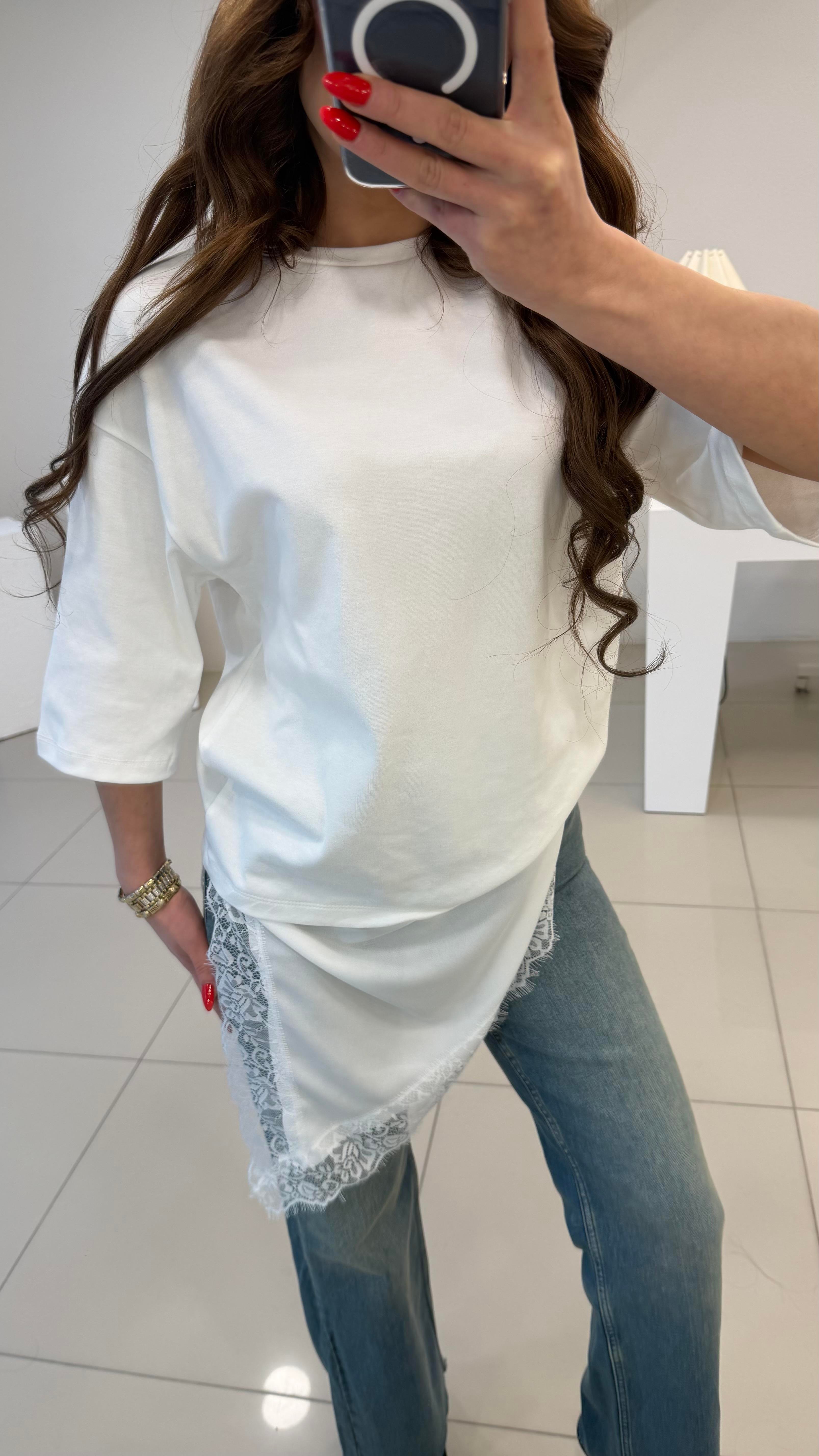 ETEK UCU DANTELLİ ASİMETRİK TSHIRT BEYAZ