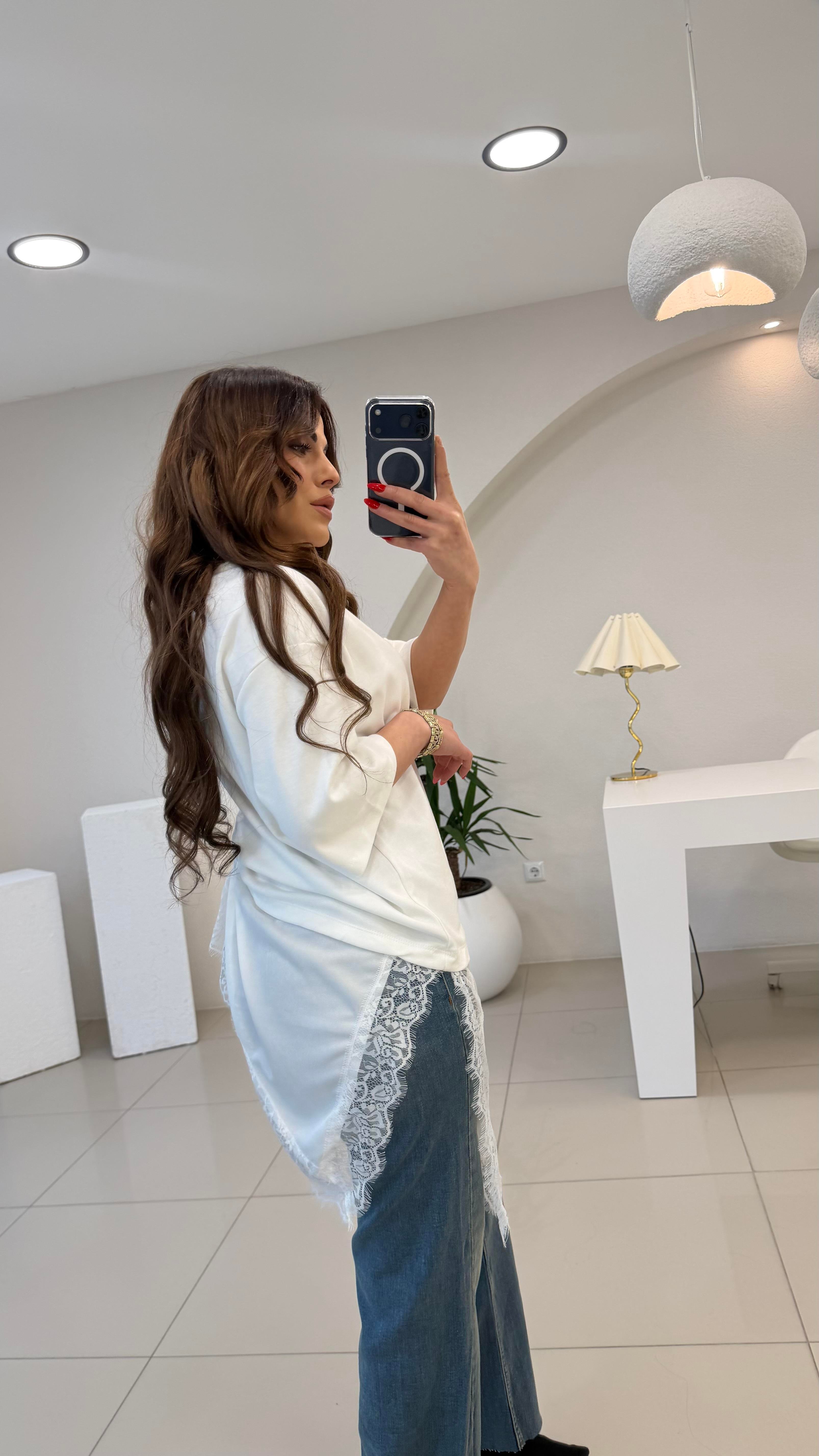 ETEK UCU DANTELLİ ASİMETRİK TSHIRT BEYAZ