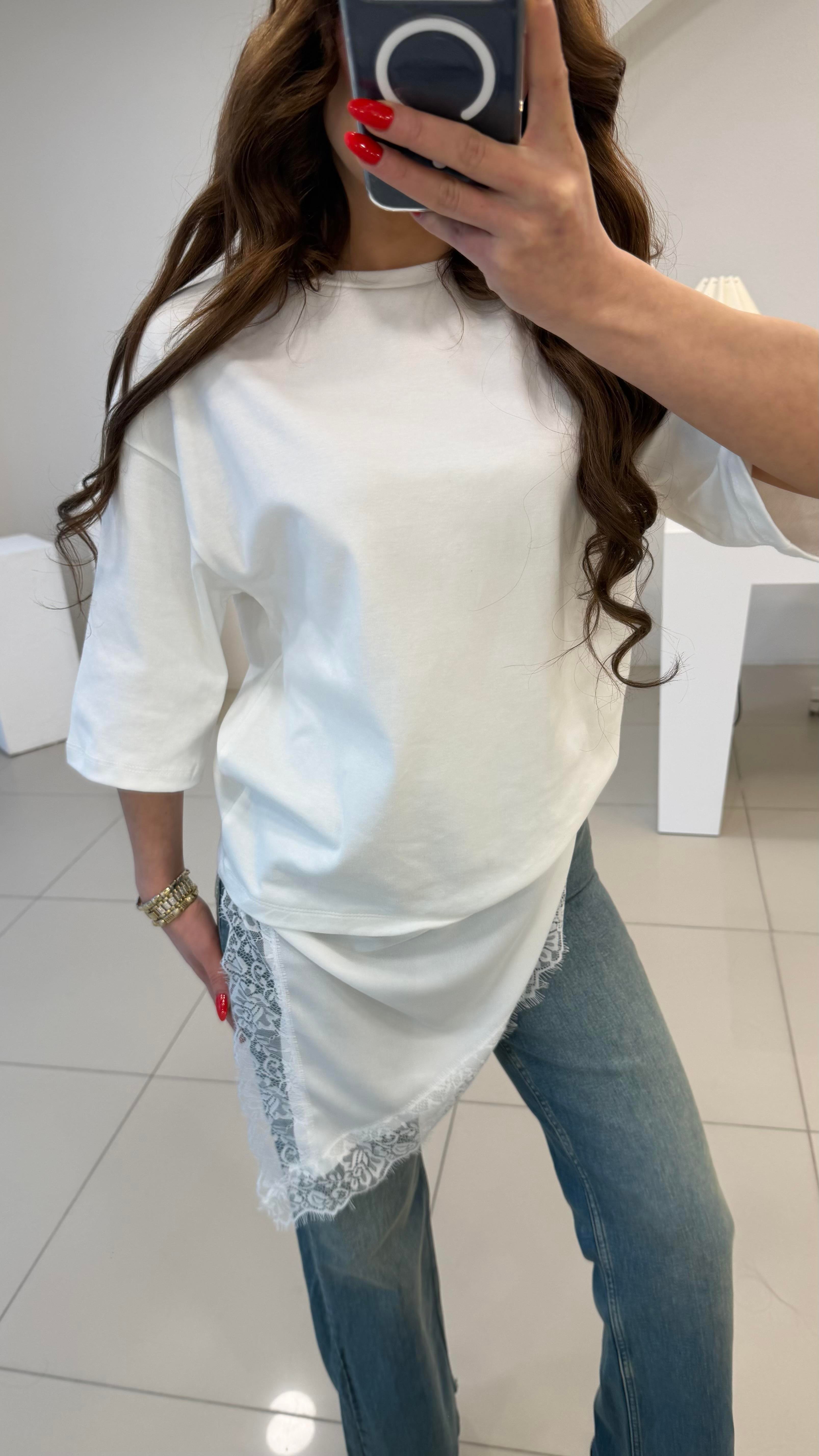 ETEK UCU DANTELLİ ASİMETRİK TSHIRT BEYAZ
