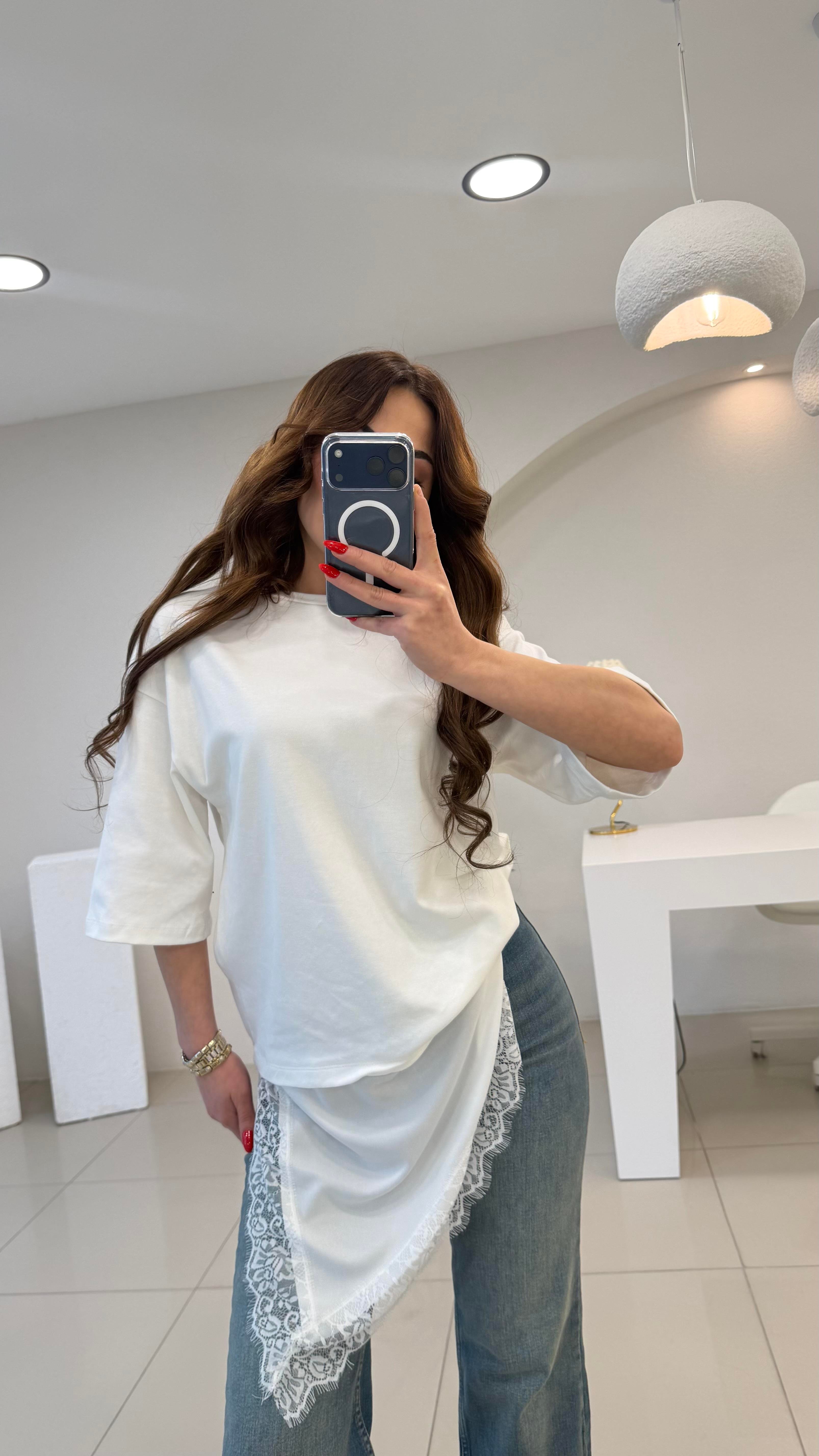 ETEK UCU DANTELLİ ASİMETRİK TSHIRT BEYAZ