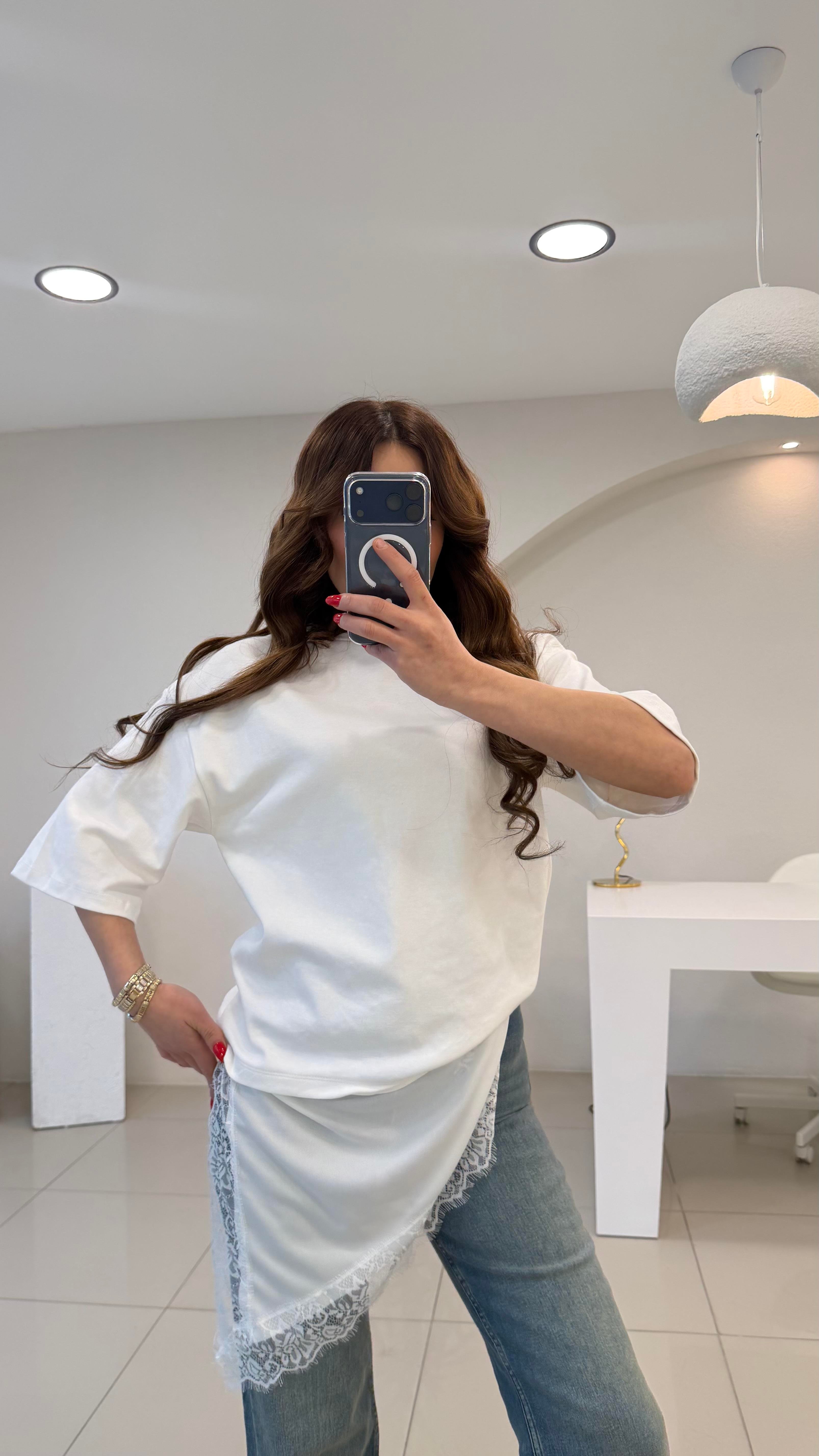 ETEK UCU DANTELLİ ASİMETRİK TSHIRT BEYAZ