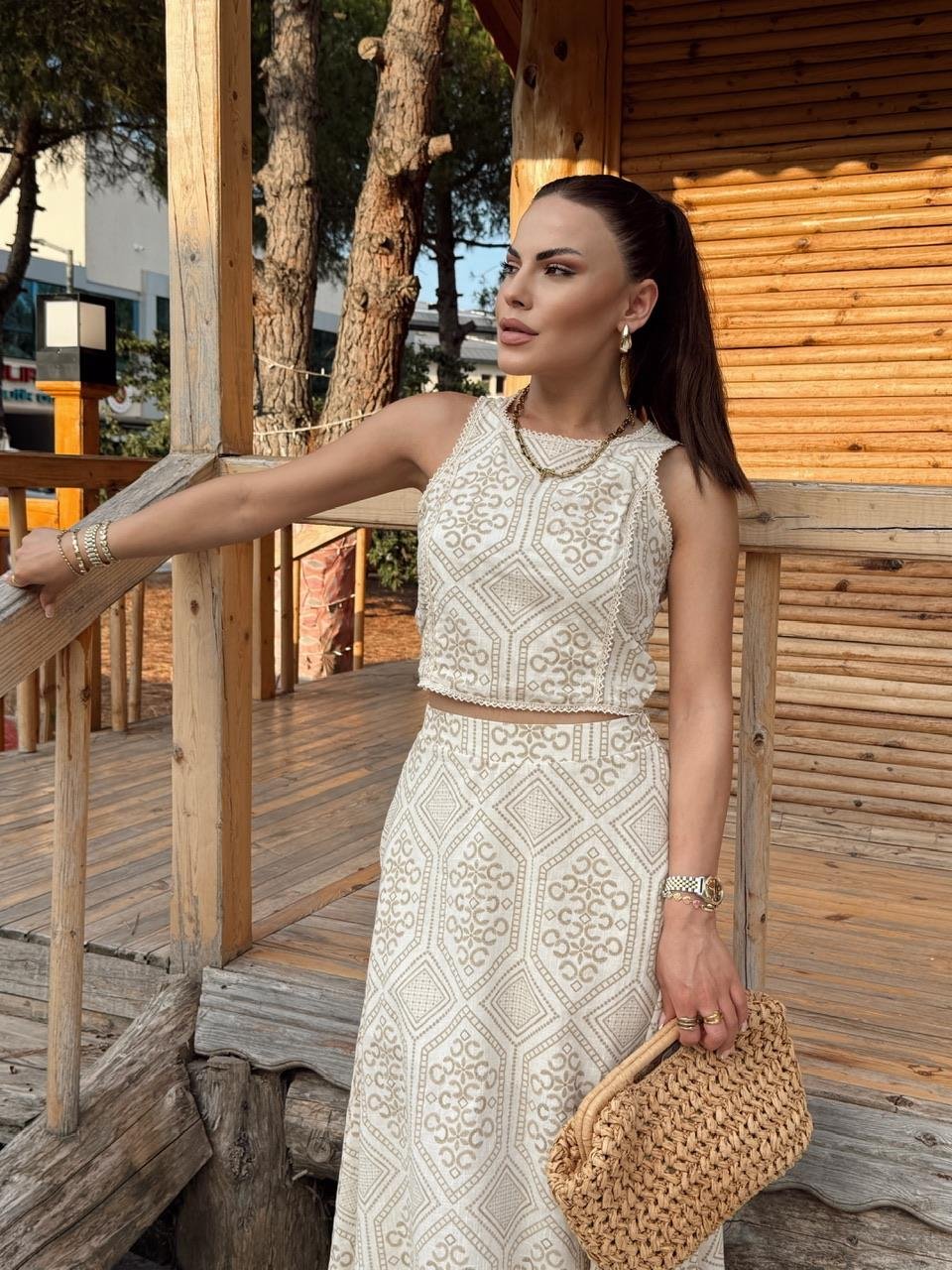 ETNİK DESEN ETEKLİ BLUZ TAKIM